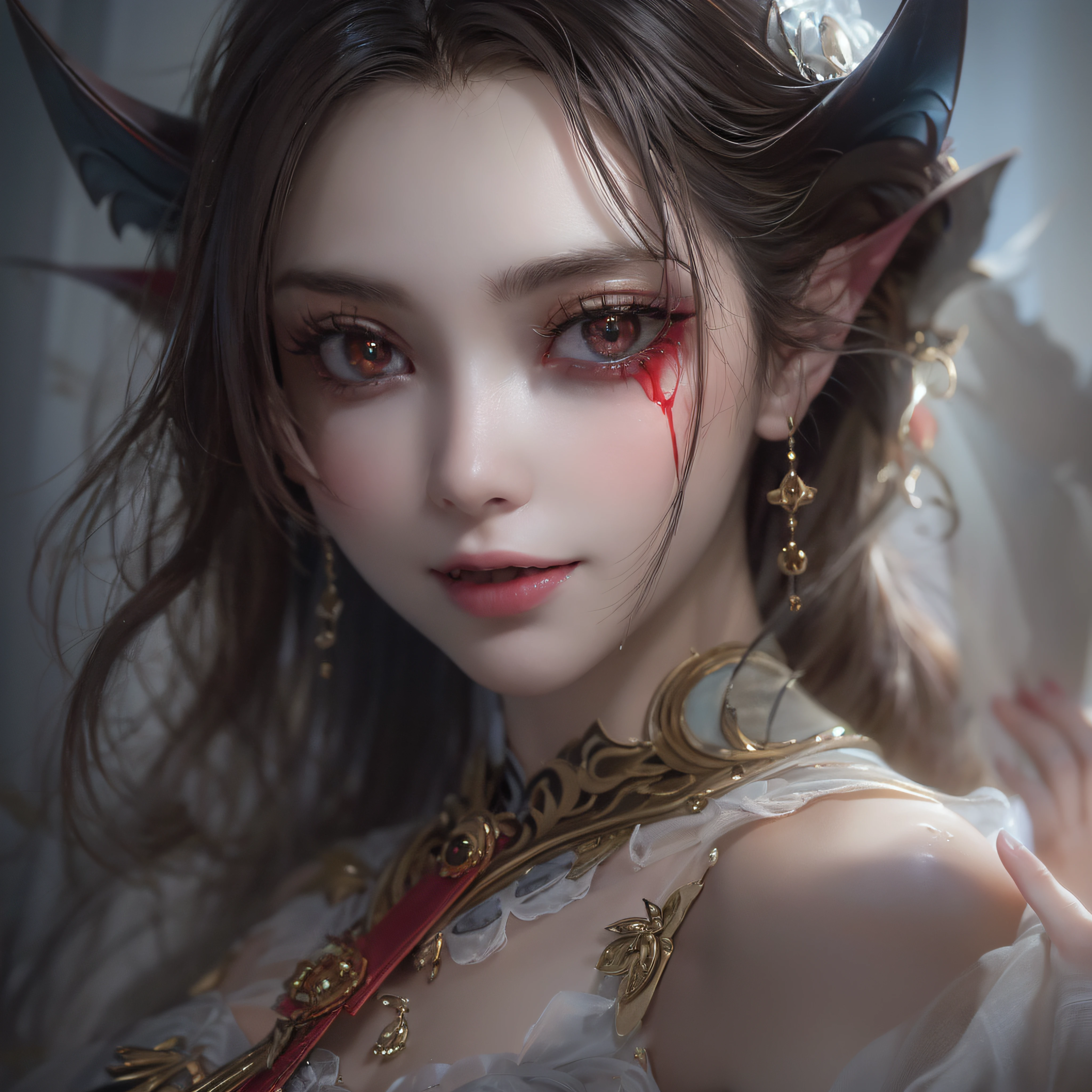 Vampires、fang、Close up of smiling looking up、Facing the front、makeup、Vampire Girl、Vampire costume、Cosplay、(​masterpiece、realisitic、hight resolution)、(1 girl in):1.2)、Do-Up Eye、Korean Girl、(Best Quality), (masutepiece), (1girl in), Solo, Beautiful Girl, Perfect face, dreamlikeart、Highly detailed airbrush art(((Surreal))、intricate detailes、Volumetric lighting、(​masterpiece:1.2)、(top-quality)、The ultra-detailliert、(The composition of the movement:1.4)、Highly detailed colorful details、(Bright lighting、Atmospheric lighting)、Magical、dynamic compositions、Ray traching、The mirror reflects light、Shallow depth of field、ultra-detailliert、mixing  exposure、nffsw、Super masterpiece、Her eyes are glowing red、A dark-haired、Her vampire face is full of anticipation and courage、Blood drips on her lips、An air full of smiles and adventurous spirit、At the rear、caves、coffin、Vampire bats、