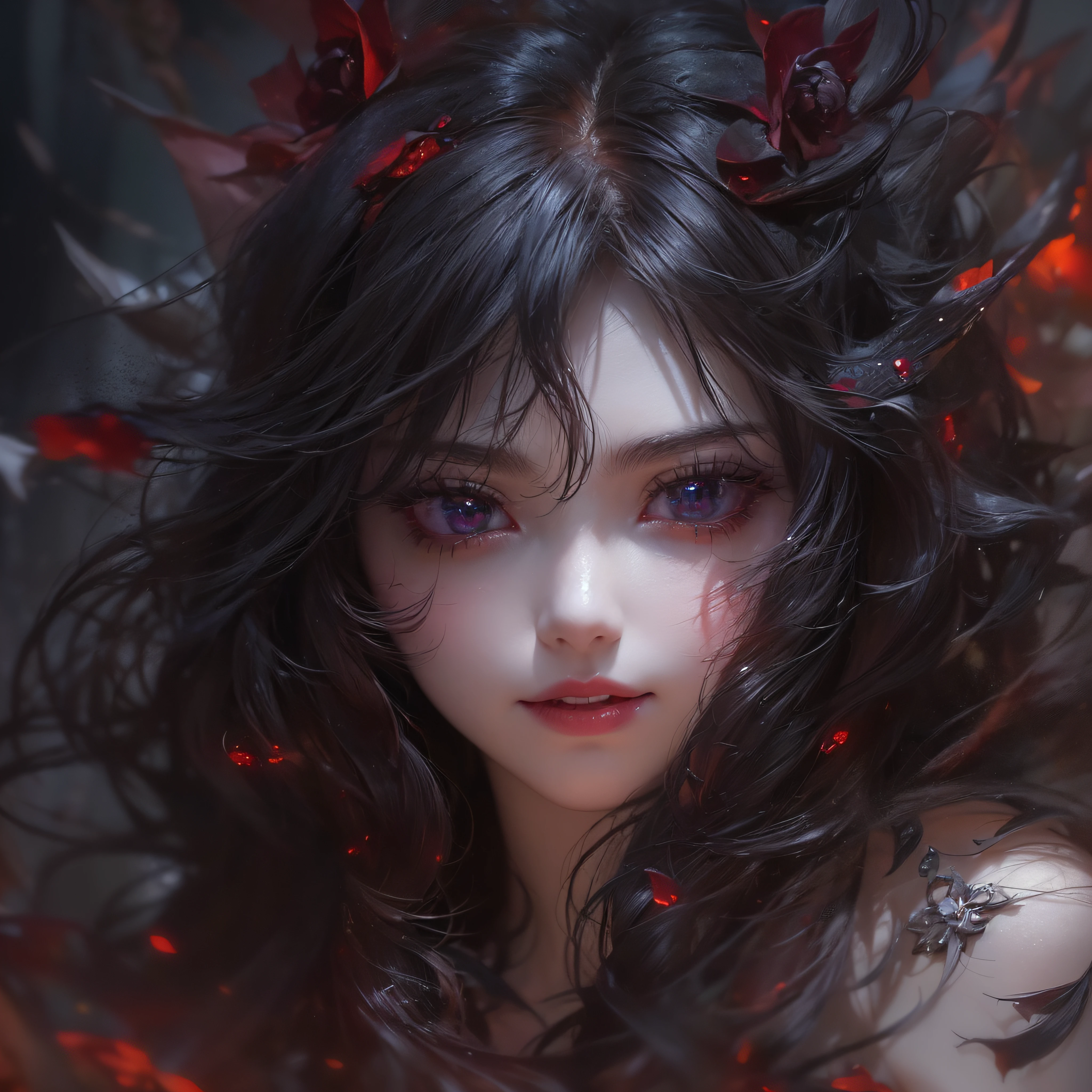 Tall body, seductive body, mature, (Best Illustration), 8k Resolution, Intricate Details, Best Quality, Realistic, Ultra Detailed, Best Lighting, Best Shadows, Ultra HD, BREAK A Necromancer, Night, dark Magical auras, Dark Style, Vampire, Bat wings, bats flying around, fog,(blood drop on the body and eyes), blood splash on the ground, blood moon, red sky, dark theme, (shining red eyes:1.6), BREAK masterpiece, high_res, Beautiful face, tyndall effect, photo realistic, (high detailed skin:1.2), 8k uhd, dslr, high quality, Photograph, high resolution, 4k, 8k, Bokeh, BREAK medium breasts, absurdres, ponytail contorted, best ratio four finger and one thumb, (gothic style castle background)