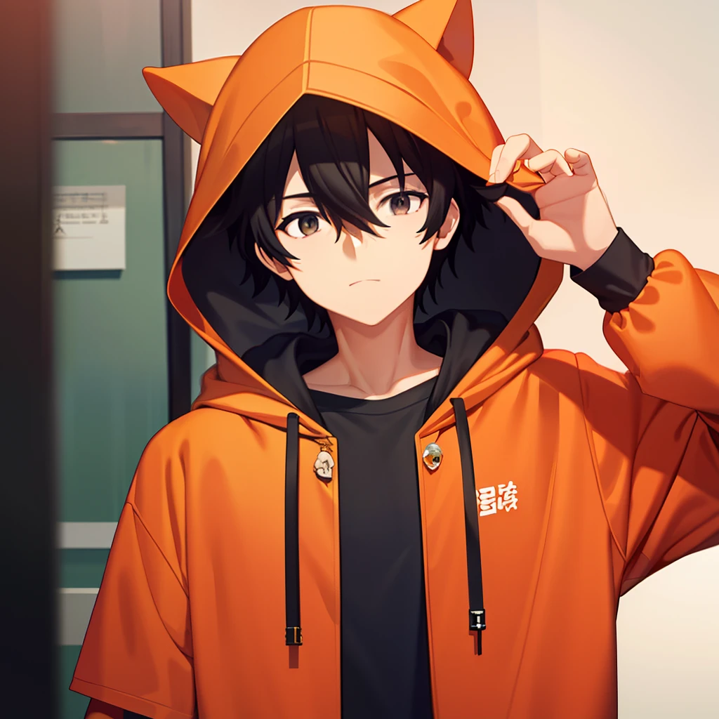 ​masterpiece, top-quality, hightquality, 1 juvenile, 独奏, Hooded hoodie in orange, Male Focus, Look at viewers, The upper part of the body