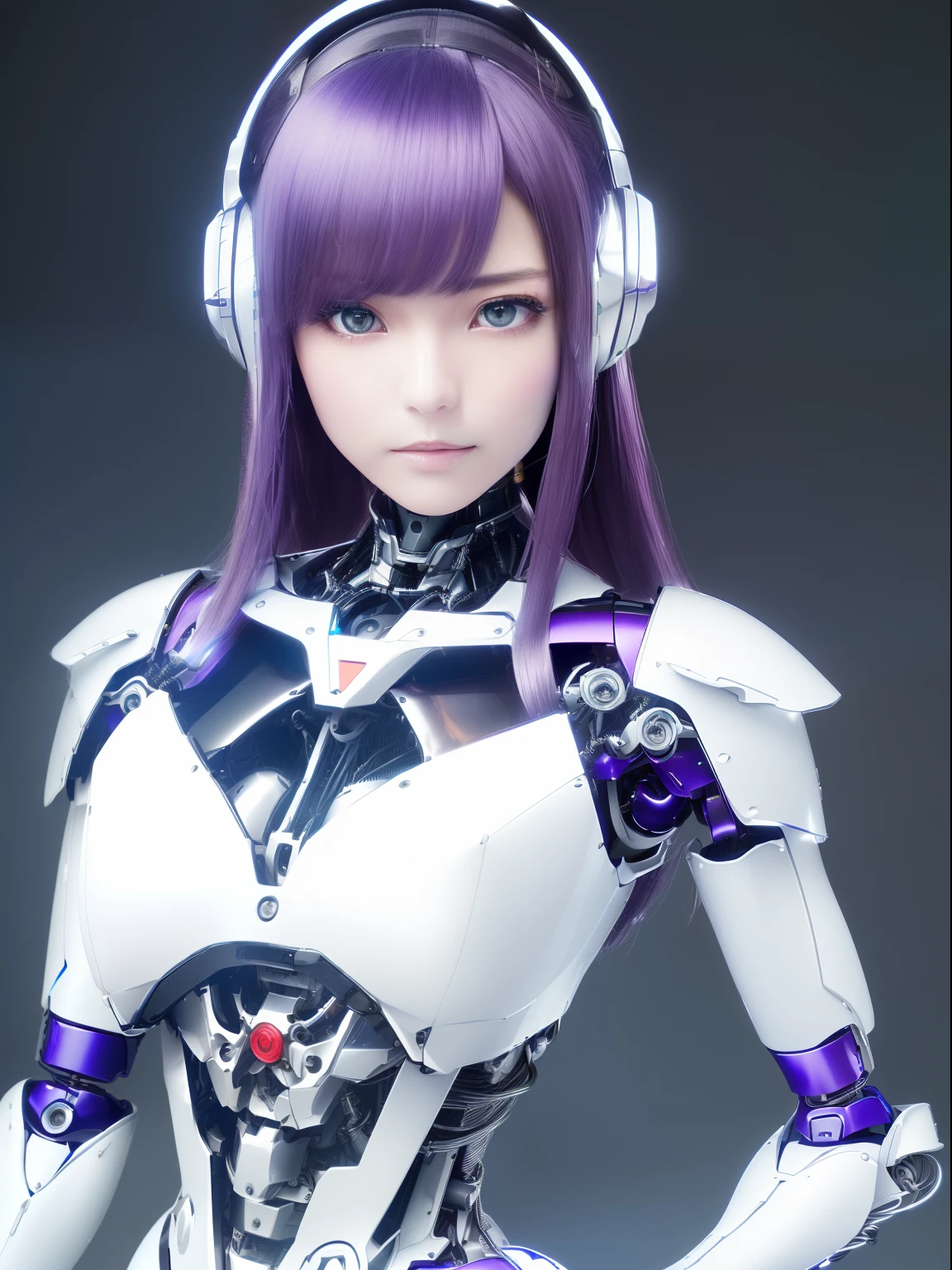 ((masutepiece)), ((top-quality), high quarity、ultra-definition, Realistic, fulcolor 、One beautiful robot woman、Joints of machines、Frame of the machine、Thick wire joints、White porcelain mechanical armor、(Curvaceous face)、deadpan、Purple straight hair、Wide Shot、((Electronic substrate))、Random Poses