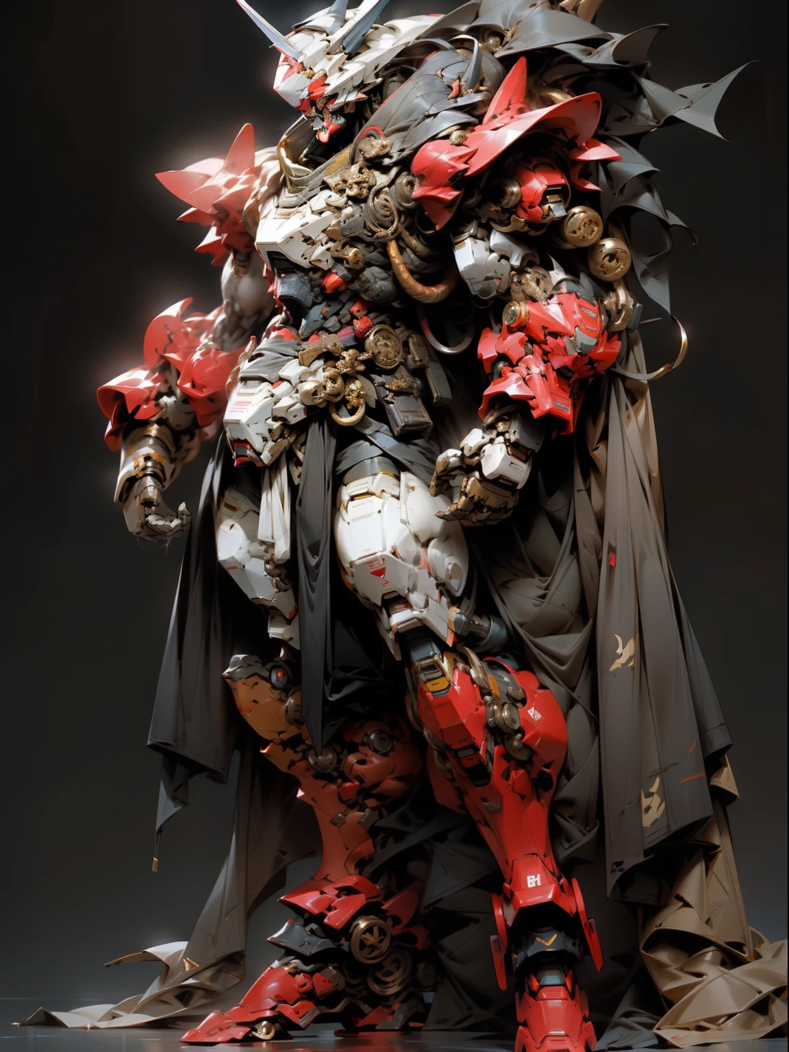 Heavy duty Gundam of batman, ((full body)) batman element, gundam shape style, bulky, mechanical, muscular, red and gold color, samurai armor, stylish armor design