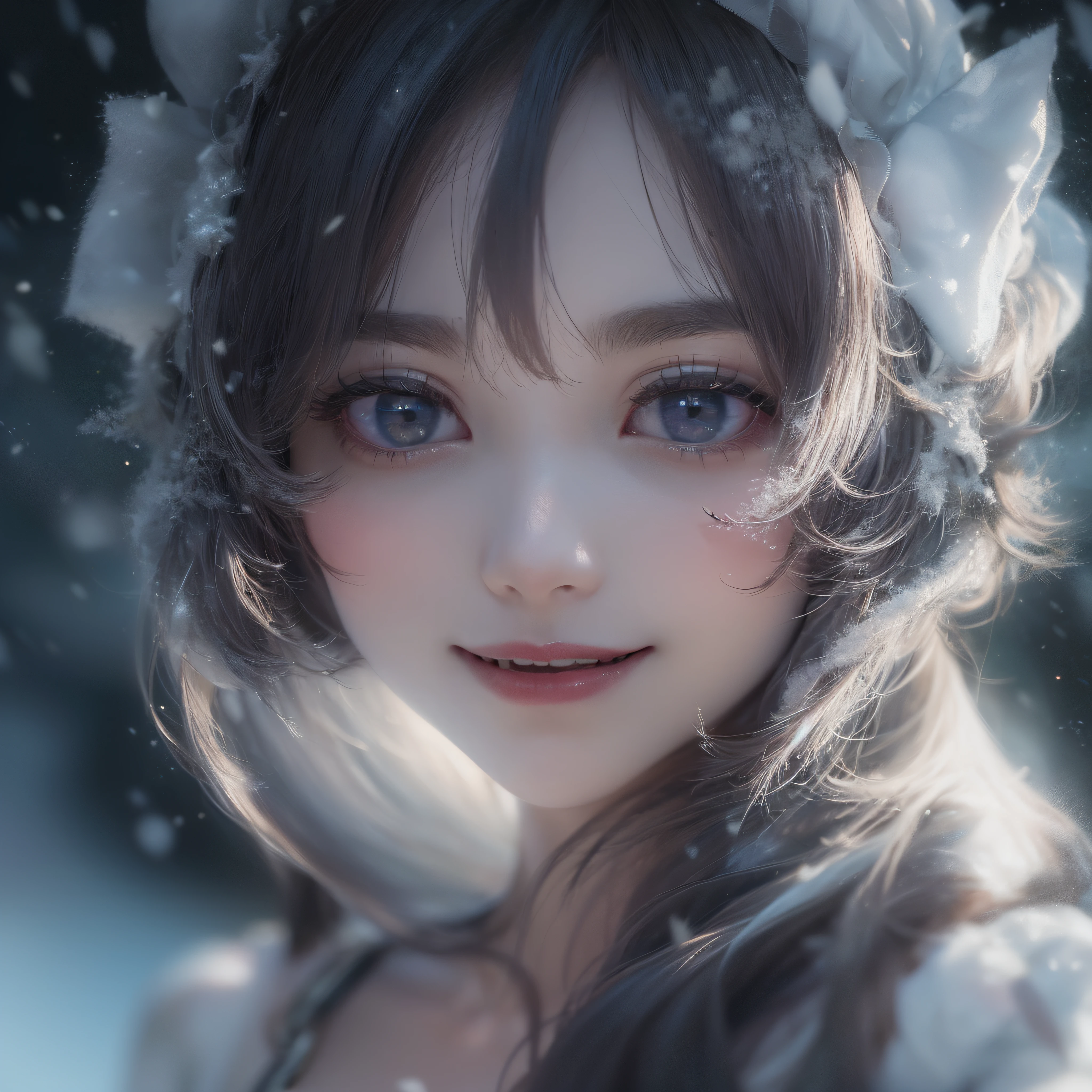 Vampires、Kiva、Close up of smiling looking up、Close up of smiling looking up、Close up of smiling looking up、Facing the front、Gothic Girl、Gothic costume、Cosplay、(masterpiece、realisitic、hight resolution)、(1 girl in):1.2)、Do-Up Eye、Korean Girl、(Best Quality), (masutepiece), (1girl in), Solo, Beautiful Girl, Perfect face, Big Breast,dreamlikeart、Highly detailed airbrush art(((Surreal))、intricate detailes、Volumetric lighting、(masterpiece:1.2)、(top-quality)、The ultra-detailliert、(The composition of the movement:1.4)、Highly detailed colorful details、(Bright lighting、Atmospheric lighting)、Magical、dynamic compositions、Ray traching、The mirror reflects light、Shallow depth of field、ultra-detailliert、mixing exposure、nffsw、Super masterpiece、Her eyes are glowing red、Black hairs、Her gothic face is full of anticipation and courage、Blood rises on her lips、An air full of smiles and adventurous spirit、At the rear、caves、coffin、Vampire bats、Brings the light of Udar Snow、Swaying powder snow creates a beautiful scenery..。Her courage and determination are condensed.、Eye-catching presence。Her eyes are shining。Powder snow、Powder snow
