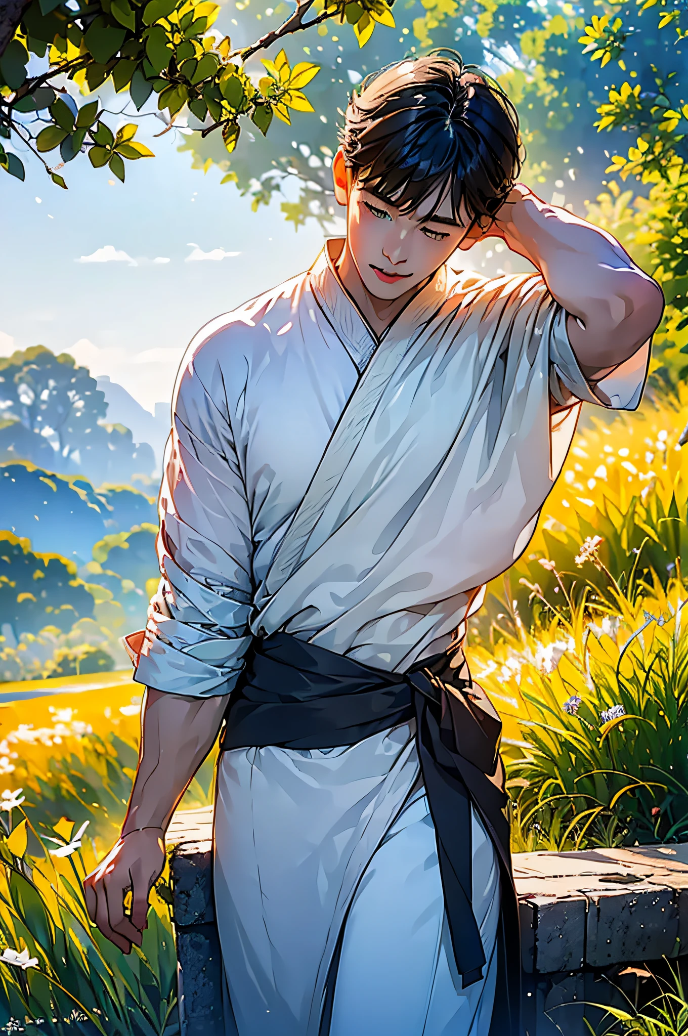 (in 8K、top-quality、​masterpiece:1.2)、1 boy、short-haired、Hair short、Brown-skinned、Purple View、