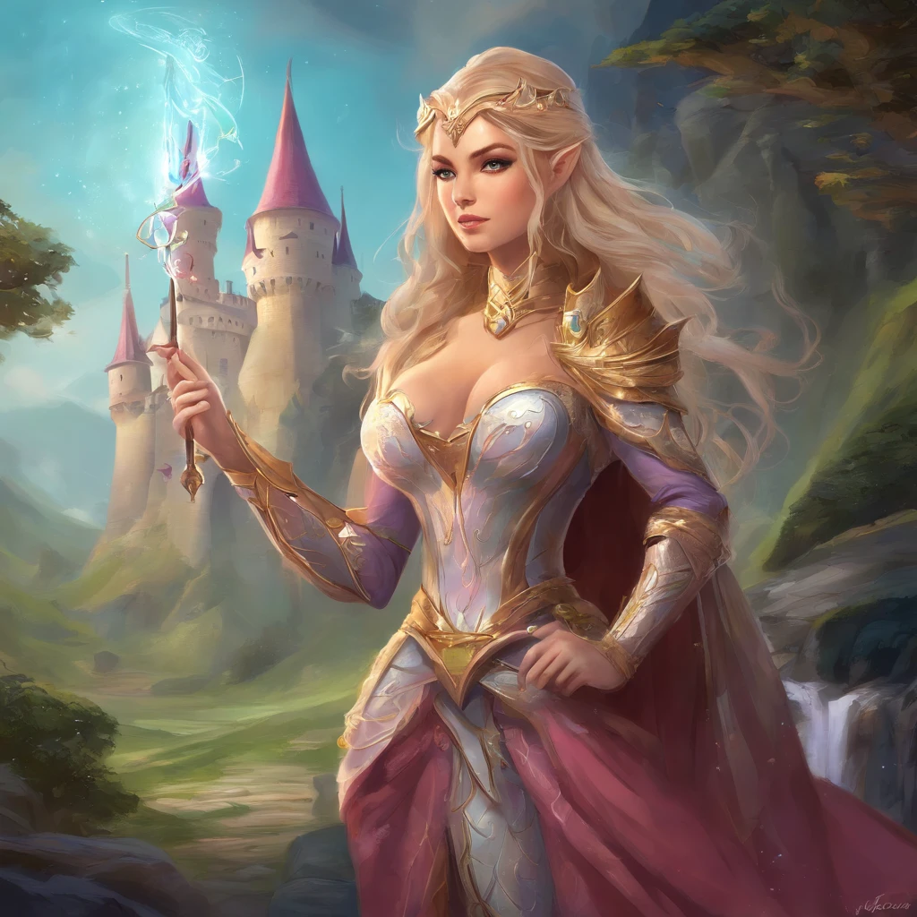 1Cat-like warrior with bow and 1 elven wizard with magic wand in front of a huge castle in the background Sexy big and magical pose with small breasts Solid , easy smile, Blush de orelha, exy sorriso doce quente melhor qualidade, high resolution, ultra-detalhada, vivid texture,