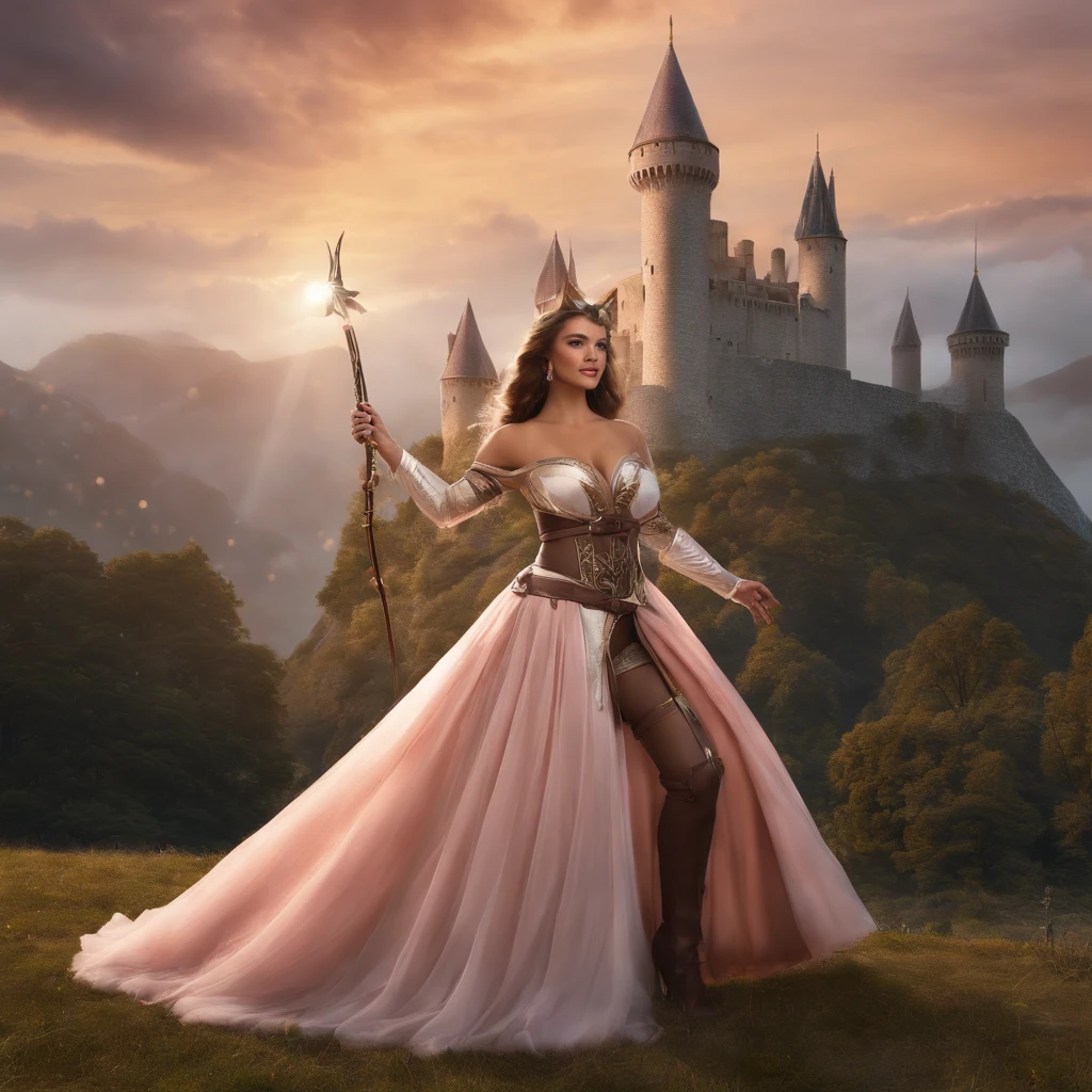 1Cat-like warrior with bow and 1 elven wizard with magic wand in front of a huge castle in the background Sexy big and magical pose with small breasts Solid , easy smile, Blush de orelha, exy sorriso doce quente melhor qualidade, high resolution, ultra-detalhada, vivid texture,