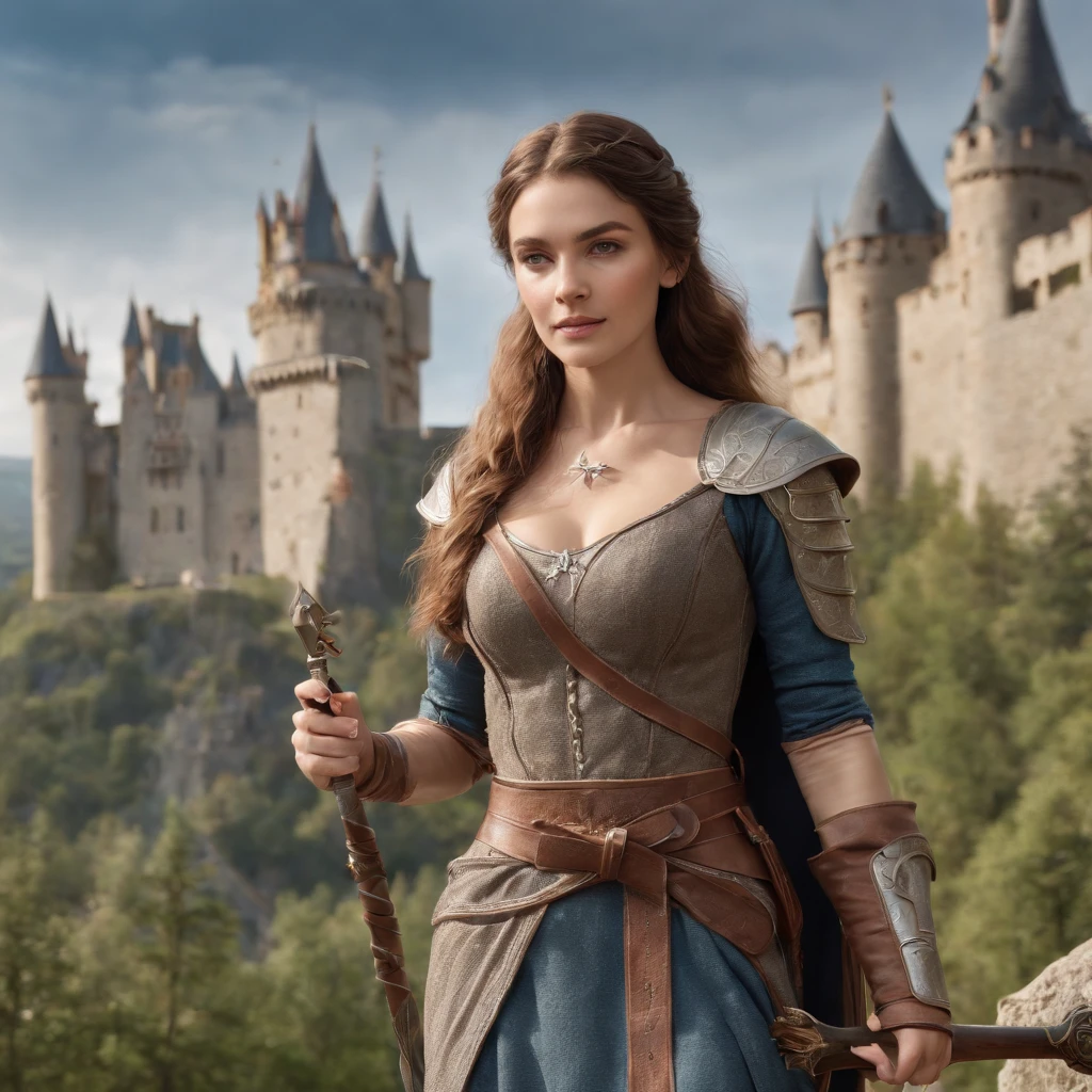1Cat-like warrior with bow and 1 elven wizard with magic wand in front of a huge castle in the background Sexy big and magical pose with small breasts Solid , easy smile, Blush de orelha, exy sorriso doce quente melhor qualidade, high resolution, ultra-detalhada, vivid texture,