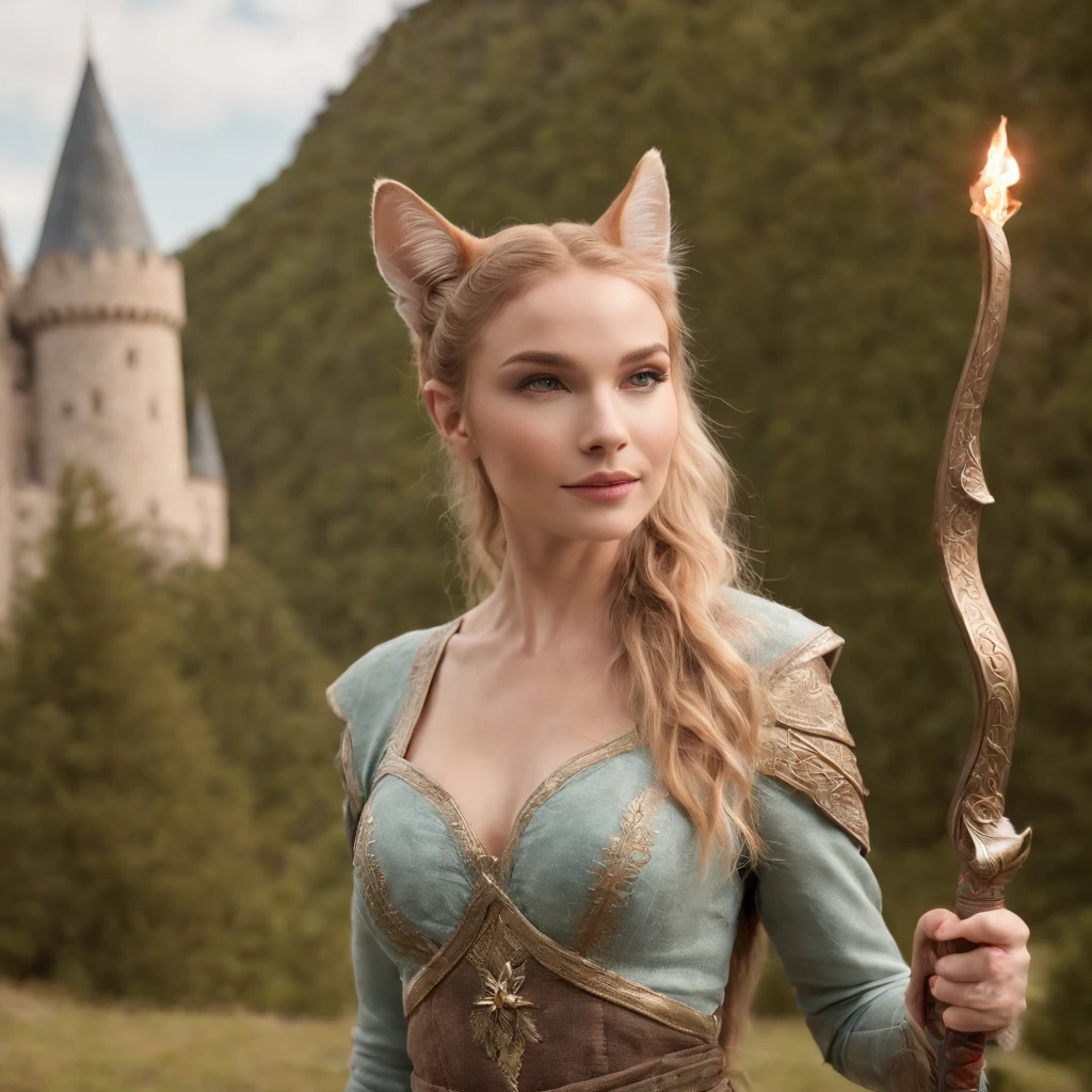 1Cat-like warrior with bow and 1 elven wizard with magic wand in front of a huge castle in the background Sexy big and magical pose with small breasts Solid , easy smile, Blush de orelha, exy sorriso doce quente melhor qualidade, high resolution, ultra-detalhada, vivid texture,