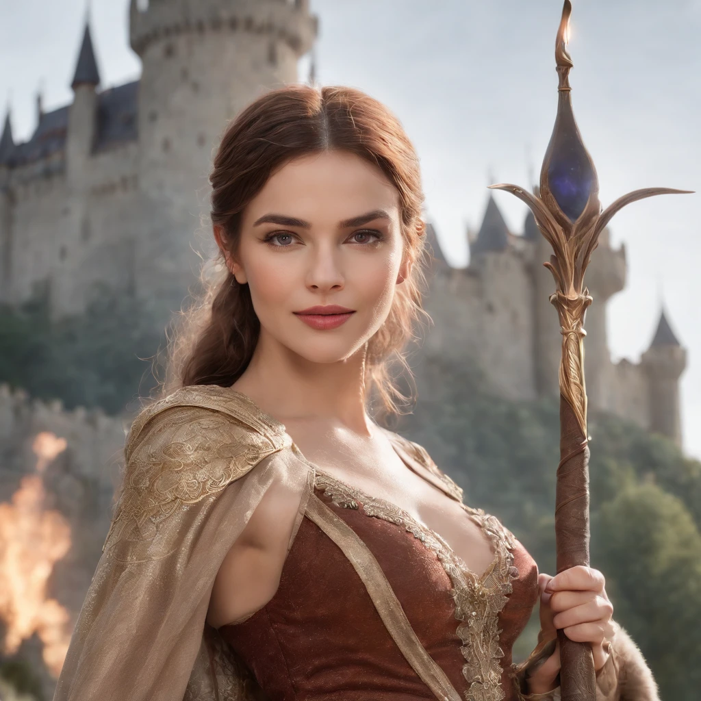 1Cat-like warrior with bow and 1 elven wizard with magic wand in front of a huge castle in the background Sexy big and magical pose with small breasts Solid , easy smile, Blush de orelha, exy sorriso doce quente melhor qualidade, high resolution, ultra-detalhada, vivid texture,