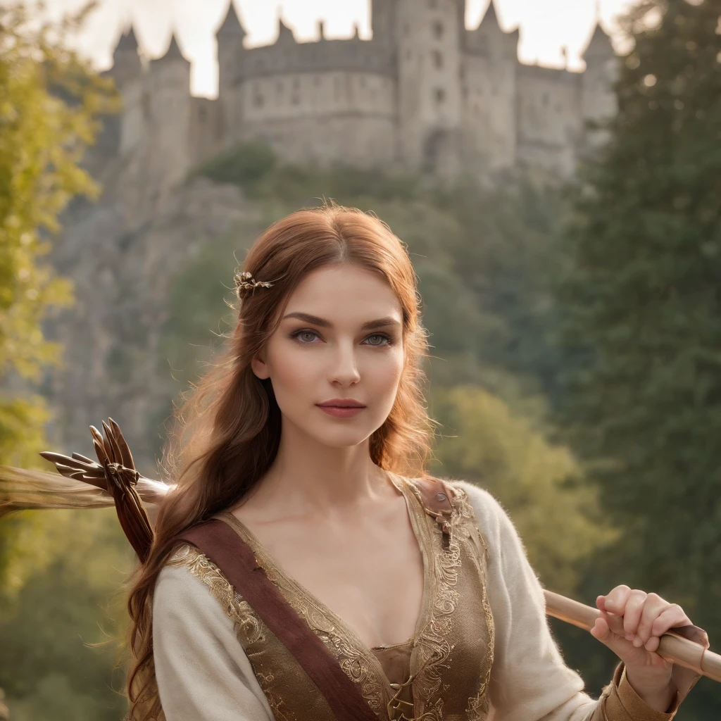 1Cat-like warrior with bow and 1 elven wizard with magic wand in front of a huge castle in the background Sexy big and magical pose with small breasts Solid , easy smile, Blush de orelha, exy sorriso doce quente melhor qualidade, high resolution, ultra-detalhada, vivid texture,