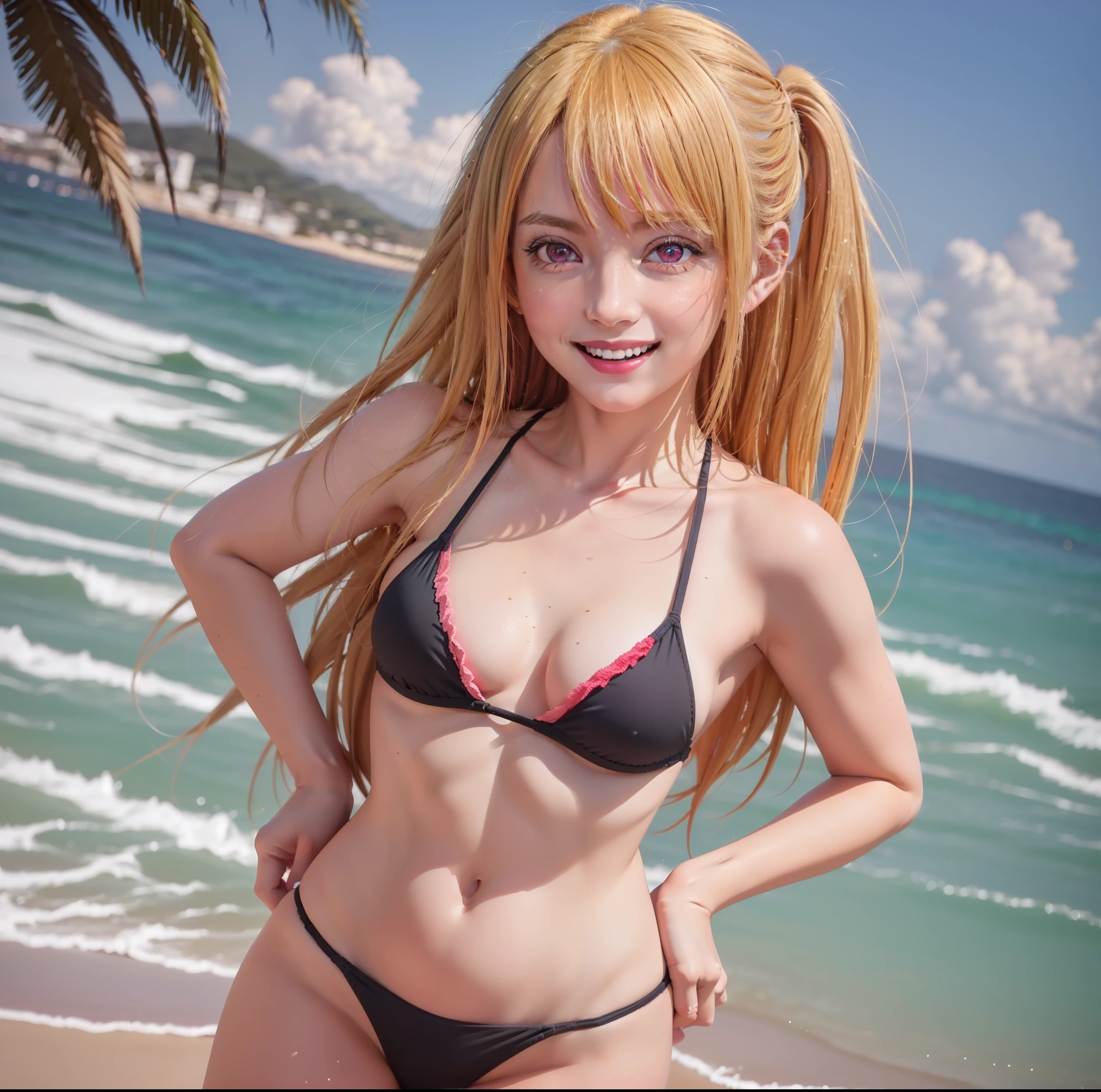 (8k, RAW photos, top quality, masterpiece: 1.2), (realistic, photorealistic: 1.37), (High Quality), (Ultra realistic), (High Details), (Face detail), (Shadow Detail), 1 girl, solo, ((yo)), yellow hair, light red eye, pink Lips, smile, black bikini, ruby hoshino, beach