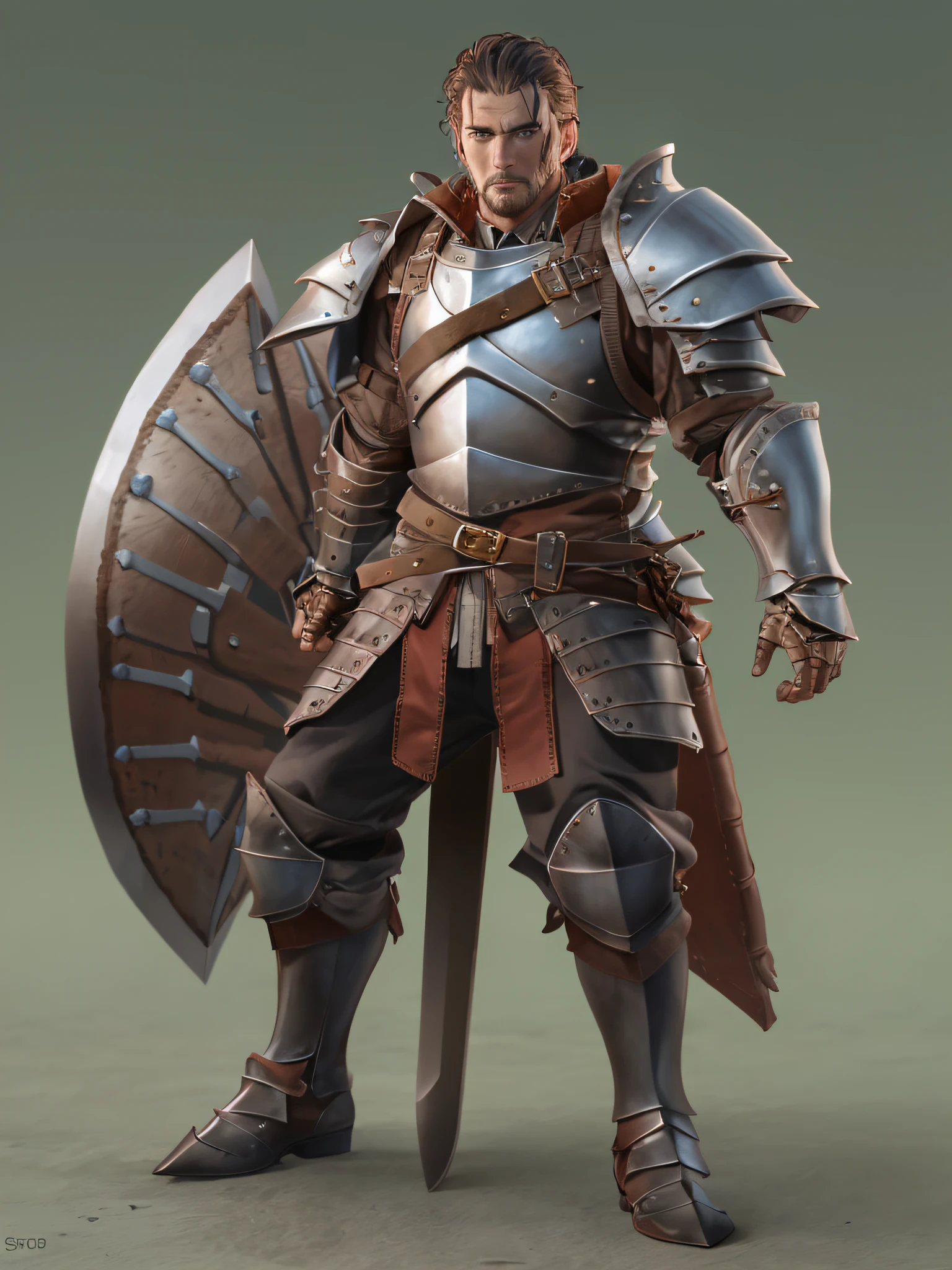 (UHD), (best quality), (masterpiece), HD, 4K, 8k, super detail, One guy, soro, swordsmen, (Leather armor:1.3), Leather boots, left arm Small Shield, full body, Standing picture,--no background