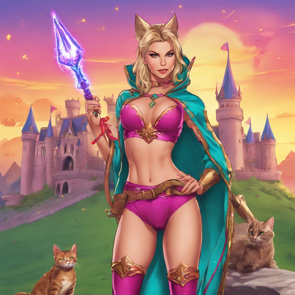 1Cat-like warrior with bow and 1 elven wizard with magic wand in front of a huge castle in the background Sexy big and magical pose with small breasts Solid , easy smile, Blush de orelha, exy sorriso doce quente melhor qualidade, high resolution, ultra-detalhada, vivid texture,