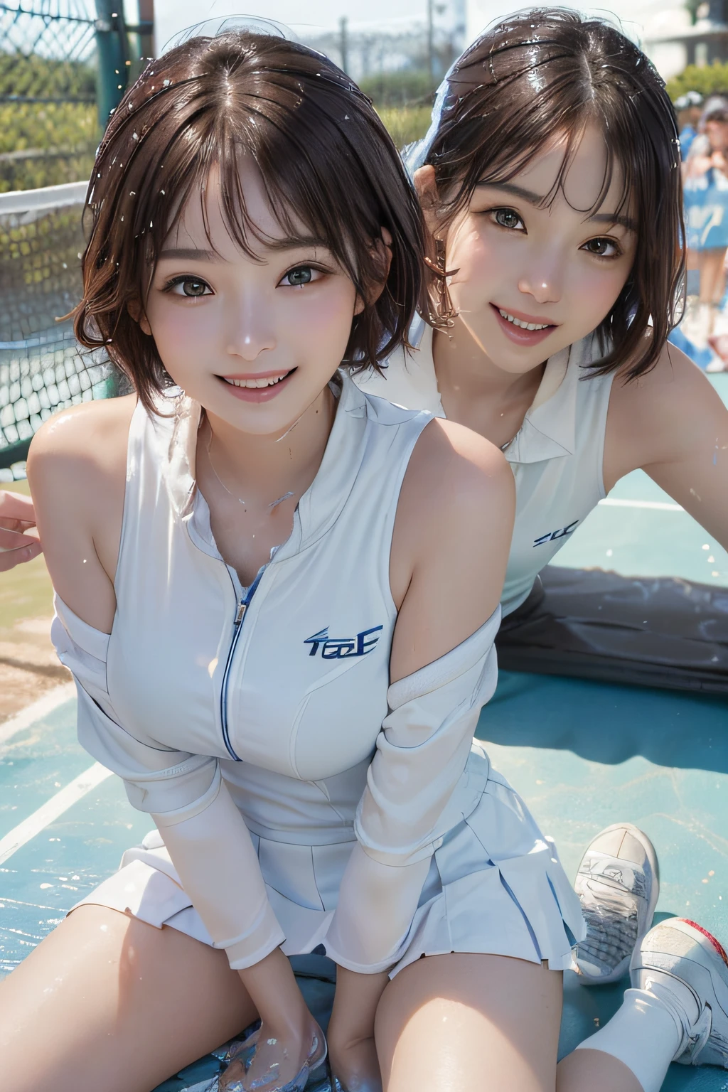 tennis wear， White polo shirt， 1girl， 独奏， White sneakers， White miniskirt， tmasterpiece， best qualtiy， realisticlying， ultra - detailed， （shiny skins， sweat leggs：1.4）， absurderes， looking at viewert， Short twin tails， brunette color hair， with brown eye， Slender， 动态照明， A high resolution， tack sharp focus， depth of fields， Detailed eyes， Sharp pupils， realistic pupil， （Large breasts：3.2）， （thick thight：1.0）， exteriors， Skysky
