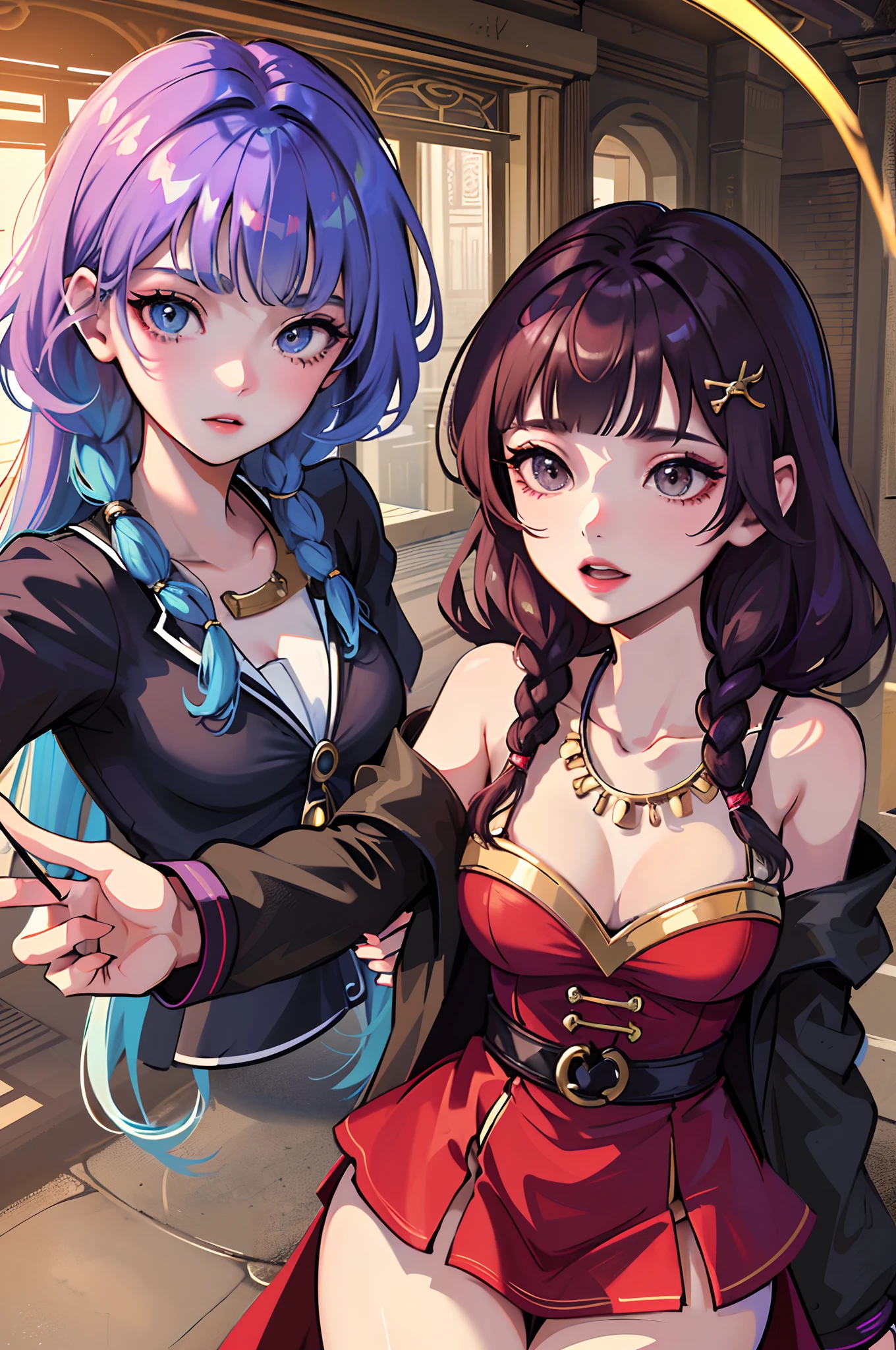 Best Quality, Masterpiece, Extremely Detailed, High Resolution, 4K, Ultra High Resolution, Detailed Shadows, Perfect Light and Shadow,duo, Two Girls in Stylish Clothes Taking Selfies on the Street, Colorful Braids, Anime Role Play, Anime Style Mixed Fujifilm, Cute, Big Laugh, Big, Sexy,(alebrijes art style),pureerosface_v1,ulzzang-6500-v1.1,fantastical clothing,princess eyes round pupils,fantastical necklaces,fantastical ribbons,fantastical rings,fantastical jewelry,fantastical hair ornament,fantastical belt,studio light,