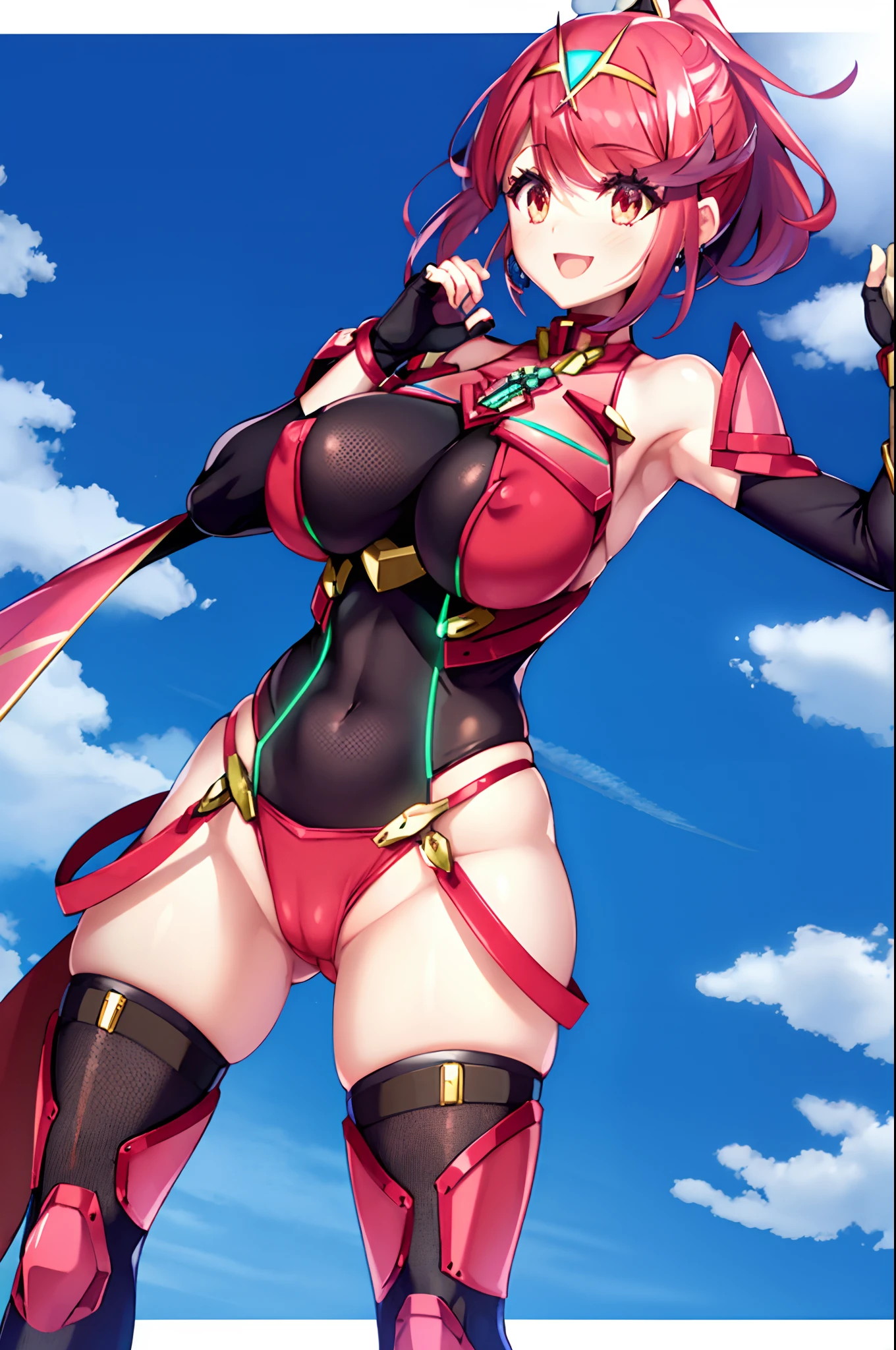 pyra \(xenoblade\), _1girl, lolings, black gloves, breasts, red eyes, shout, earrings, eyelashes, fingerless gloves, floating hair, , gem, gloves, hair ornament, headpiece, jewelry, big_breasts, leaning back, swimsuit, neon trim, official art, pose, red hair, saitou masatsugu, short hair, sidelocks, skin tight, solo, swept bangs, thighhighs, tiara, fantasy_town_background, underbust, xenoblade chronicles \(series\), (xenoblade chronicles 2), (spread_legs:1.1), fire_effect,dynamic_pose,fighting,light_smile, (plump:1.1), big_ass,huge_sword, hold_large_sword_hilt, covered_nipples, covered_pussy, fists,ponytail,beautiful_fingers,(solo:1.1), bare_shoulder,(shoulder_naked:1.2)