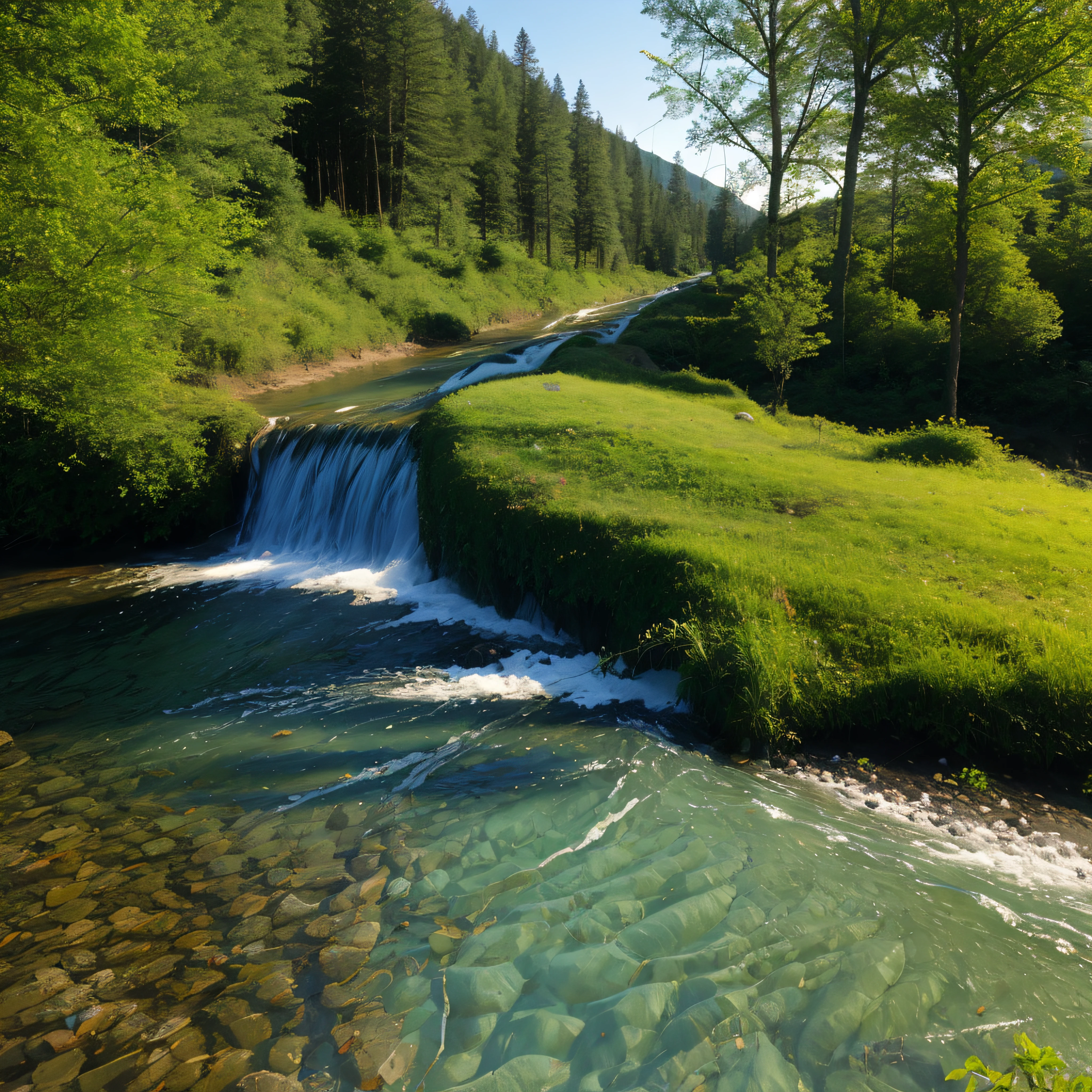 hill, forest, river, summew