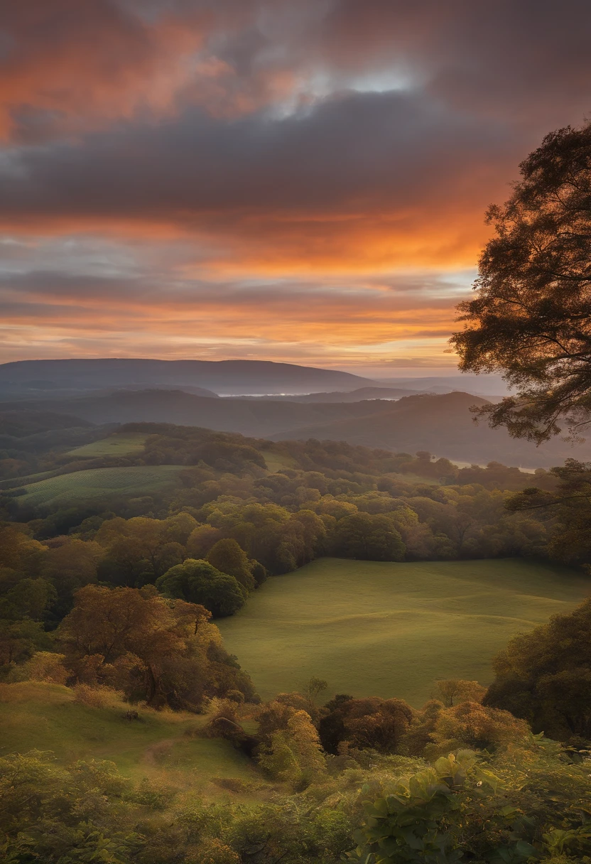 Describe a stunning image of a magical forest set in the enchanted lands of Ireland, where the sun is about to set. Visualize towering trees with golden and red leaves that stretch as far as the eye can see, creating a palette of warm and magical colors. The sky is painted in shades of orange, pink, and purple as the sun bids farewell to the day, casting a golden glow over the landscape. On the horizon, gentle mountains and hills rise, adding depth to the scene. All of this should capture the serenity and beauty of Ireland, creating a vision that seems like something out of a dream