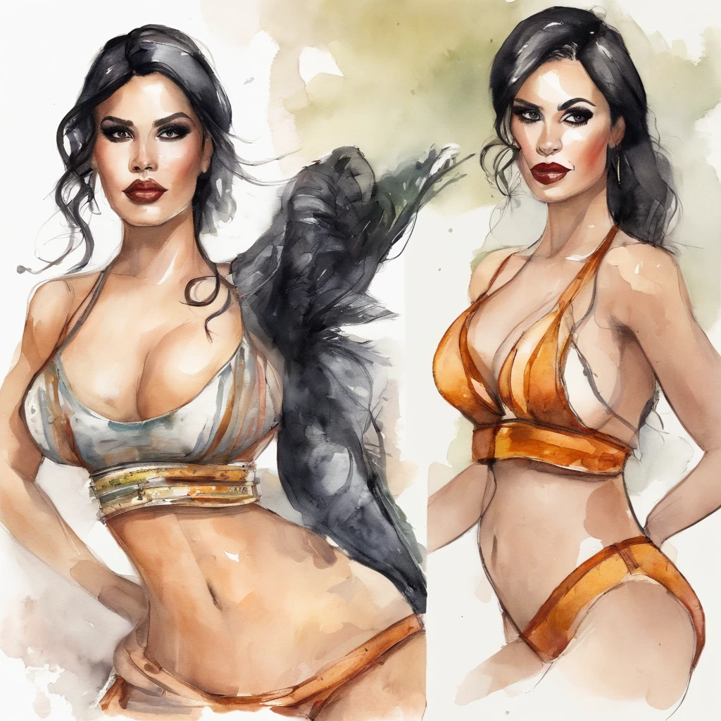 (((slingshot swimsuit ))),(gigantic cleavage breasts:1.5),(nakeness),(Solo),(White background),Long black hair,Black colored eyes,Stand up,The right hand crosses the waist,,Super-heeled sandals,grin