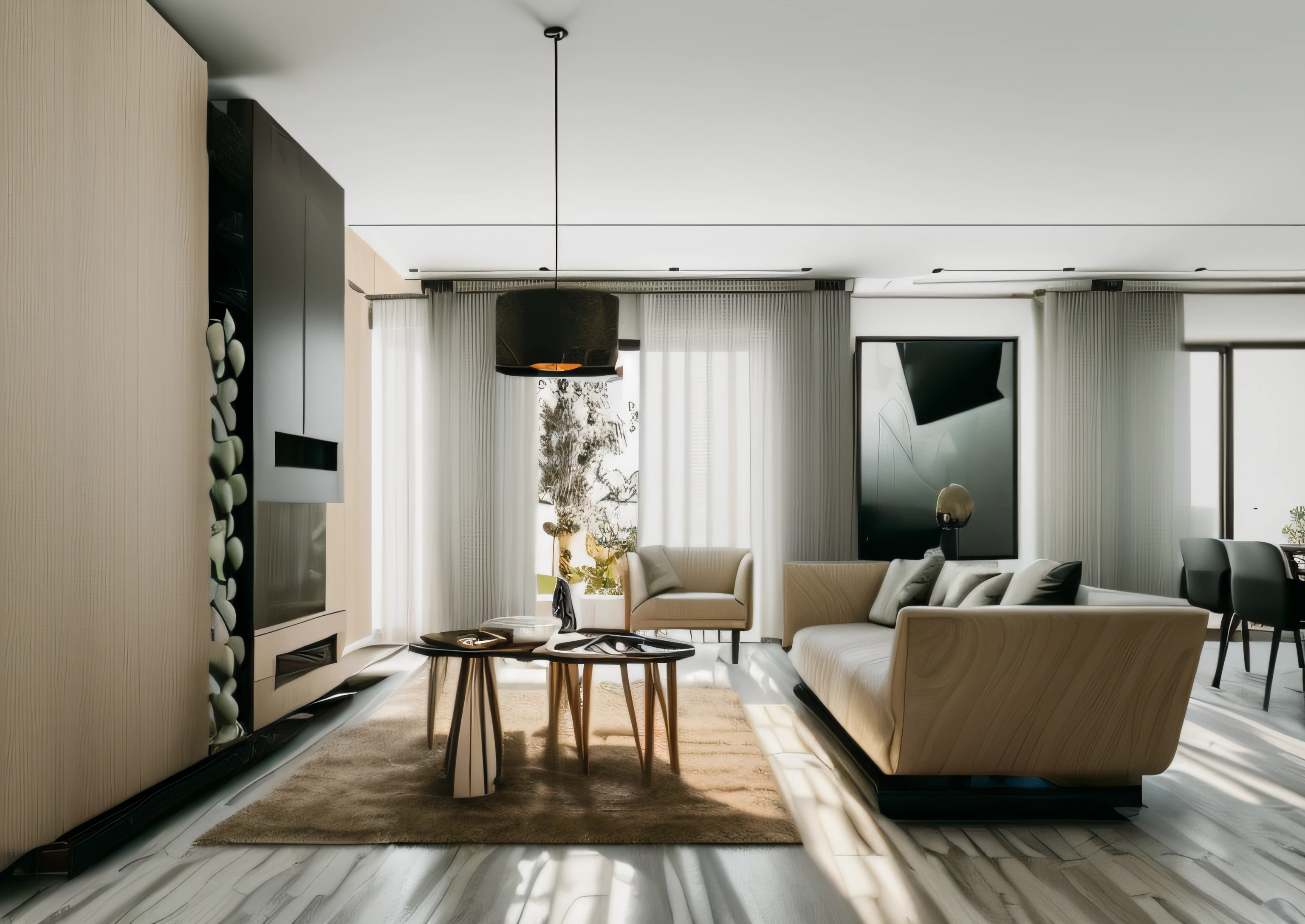 RAW photo, Masterpiece, high quality, best quality, authentic, super detailed, glossy indochina black furniture), minimalist architecture, minimalist bedroom, couch, table, carpet, shelf tv, 1 solid wood door:1.4,((laminated plaster,))), day light)), natural light fromt glass door, archdaily architecture, (high detail: 1.2), 8k uhd, dslr, soft light, high quality, film grain, Fujifilm XT3