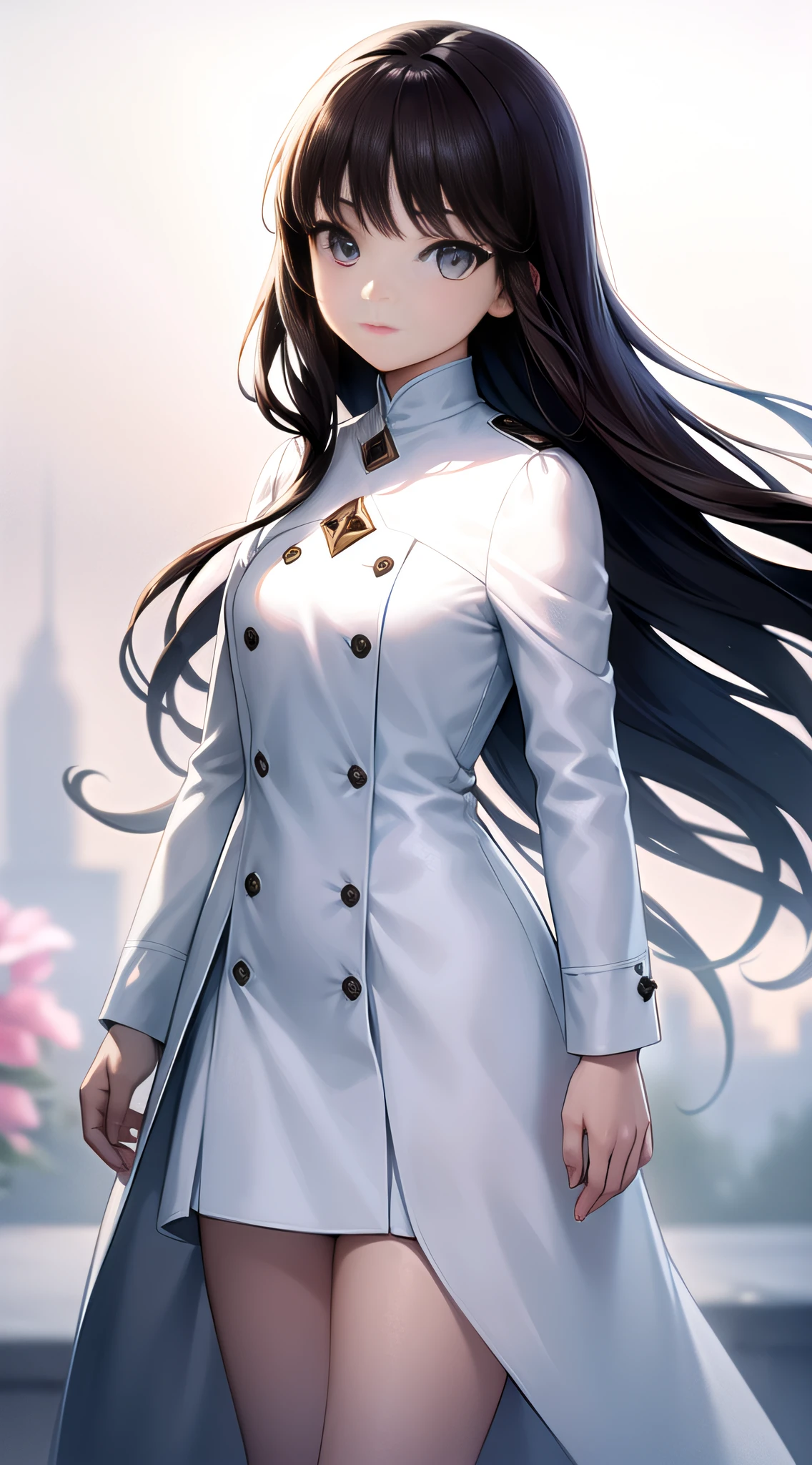 A girl with shoulder-length brown hair, Amber eyes, Petite figure, Wear a white trench coat, White boots, (Best quality, High-res, Ultra-detailed) mediating: illustration, Detailed eyes, Detailed lips, Beautiful face expression, Elegant posture, Surrounded by vibrant flowers in the blooming garden (Photorealistic, Vivid colors), Soft natural lighting, (Bokeh, Picturesque), A fresh and dreamy color palette