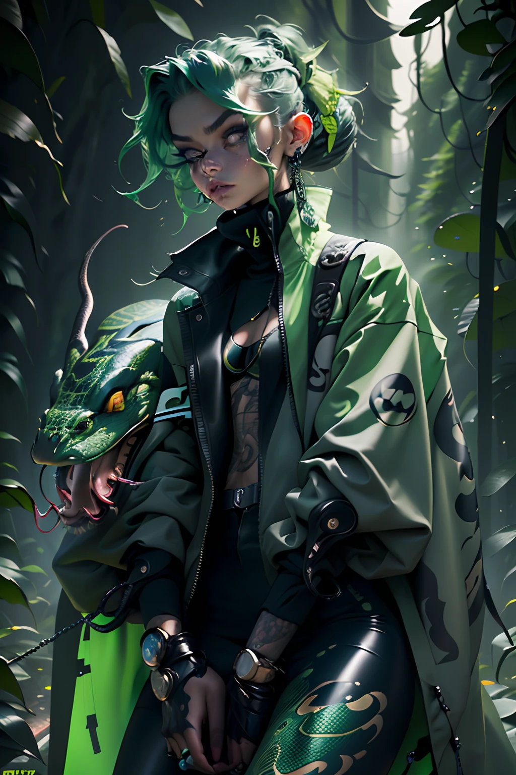 girl wearing sage green futuristic jacket, with a pet snake, slim body, black turtle neck attire, big jacket, serious face, chains, tattoos, cool sit pose, big eyes, glowing forest background