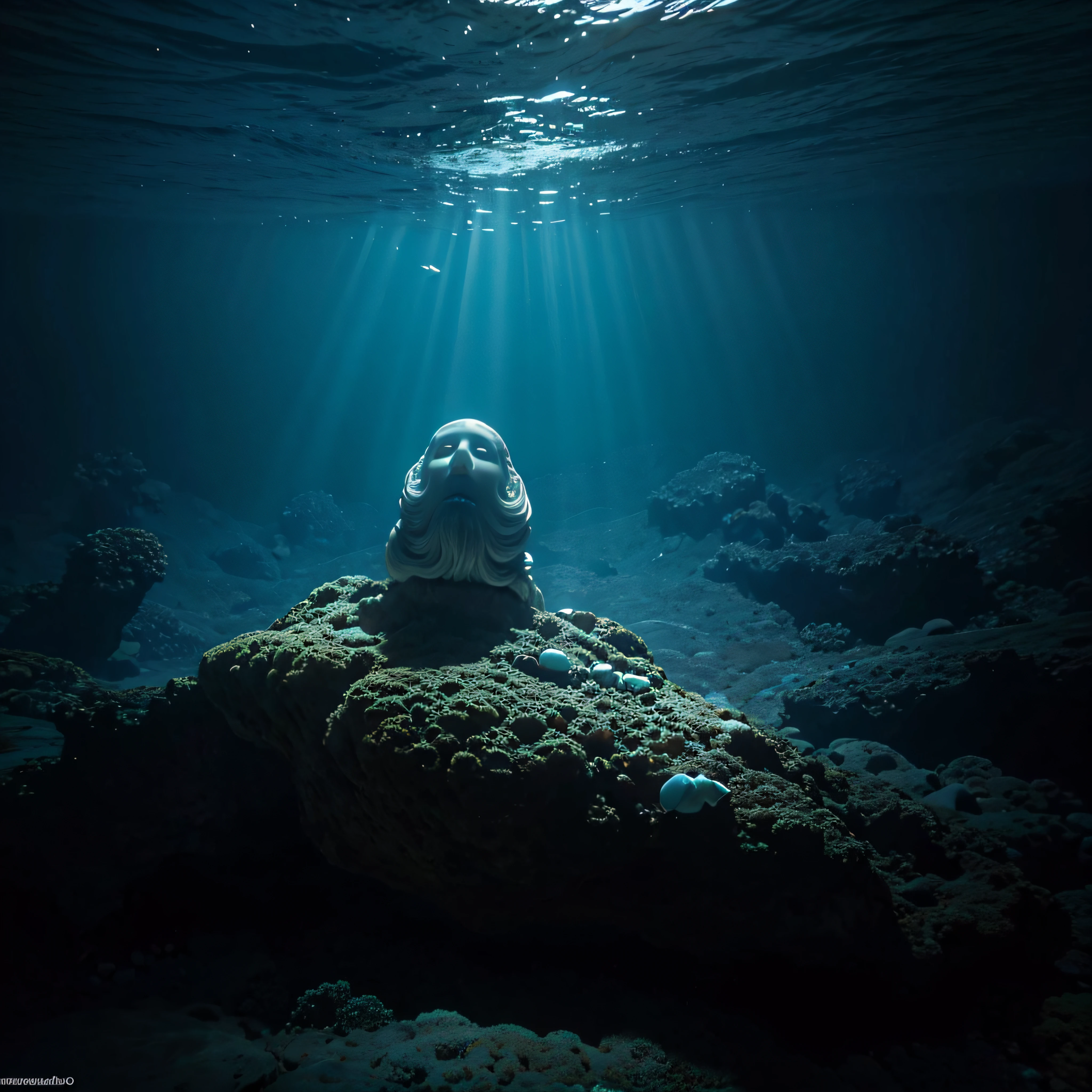 (extremadamente detallado, obra maestra, La mejor calidad, Under the Ocean), Estilo oscuro, volumetric illumination. textura de babosa, piel de caracol. ahogados flotando de fondo. Rococo composition.