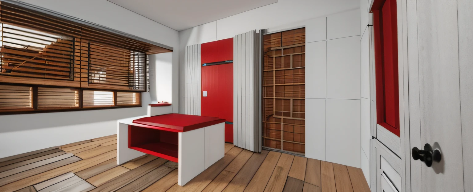 modern look, wooden floor, white tiles, grey, red louvers