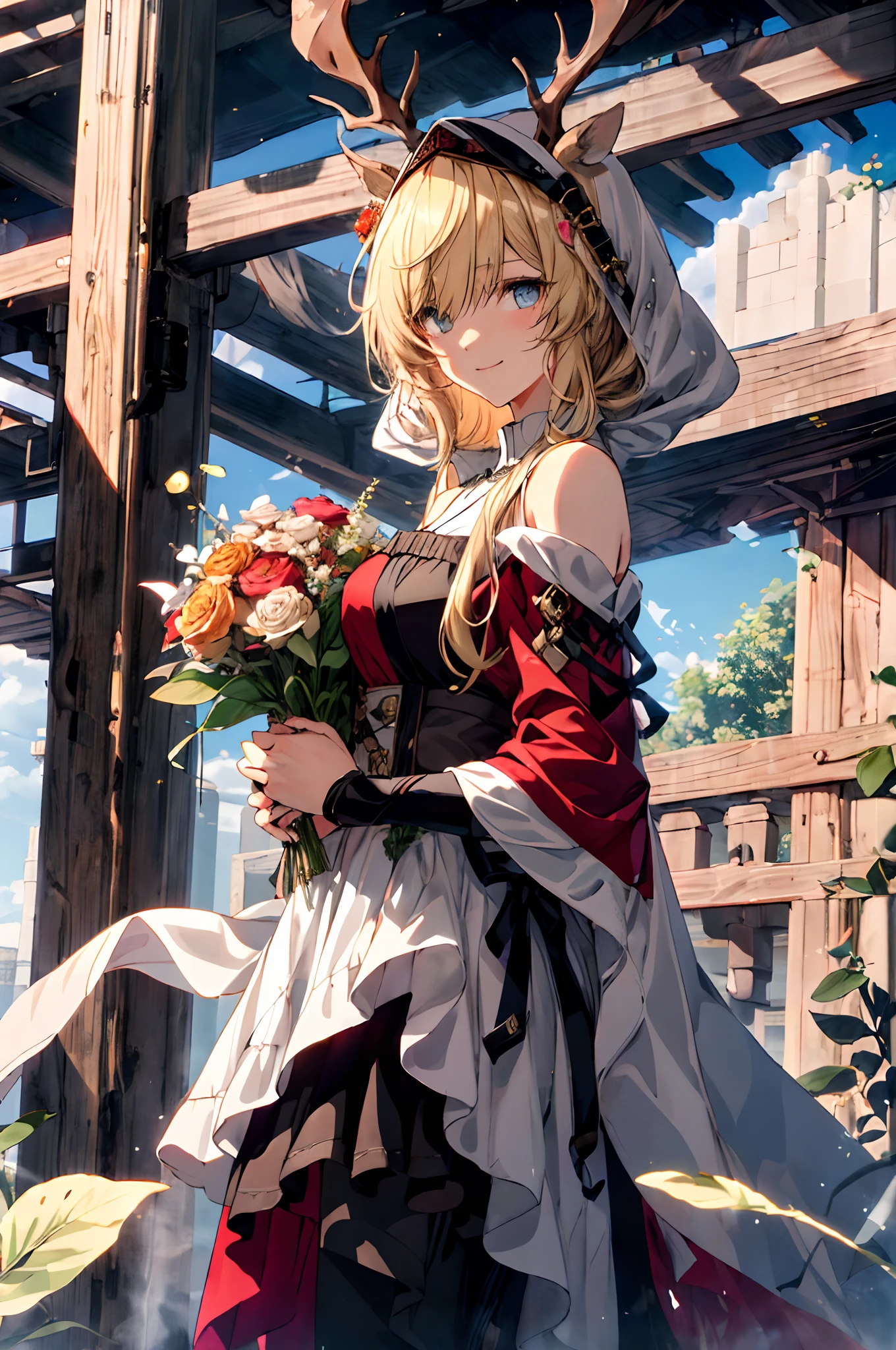 (tmasterpiece、top-quality、illustratio、Extremely high quality、high-level image quality、Extremely sensitive writing)Blonde girl standing in beautiful garden、A slight smile、She has a large bouquet、Cute national costume style dress,There are ruffles on the shoulders、Hair fluttering in the wind