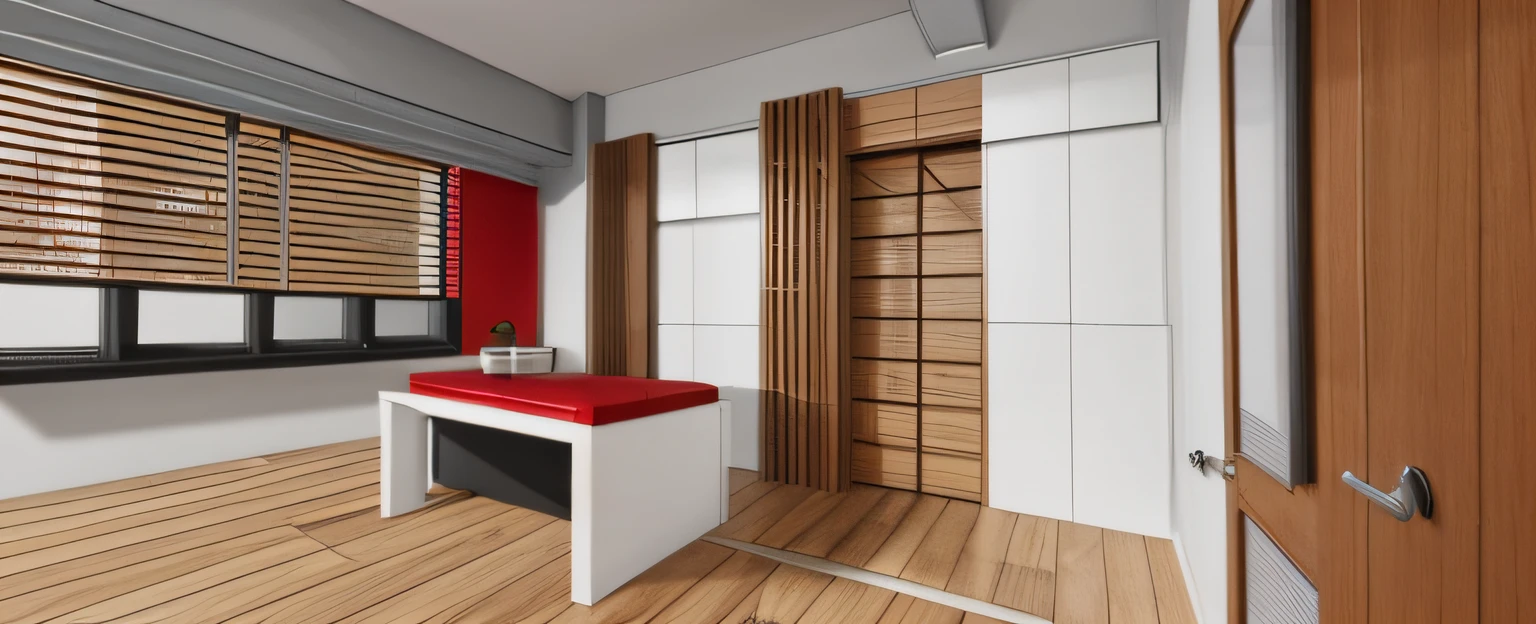 modern look, wooden floor, white tiles, grey, red louvers
