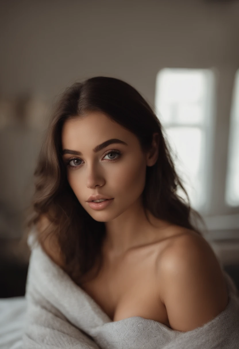 puffy naked woman, sexy girl with brown eyes, portrait Sophie Mudd, brown hair and big eyes, natural boobs, round ass, young woman, bedroom eyes, violet myers, no makeup, natural makeup, looking directly at the viewer, body straight forward , face with artgram, subtle makeup, stunning full body photo, in the bedroom, cleavage