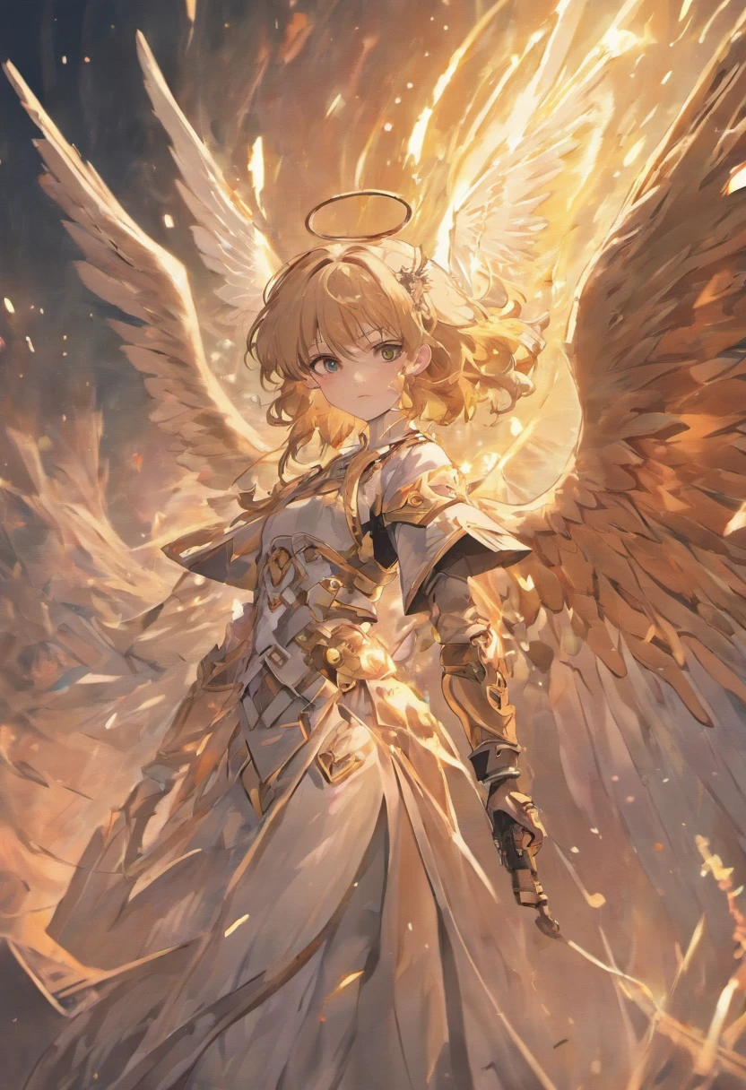 realistic, 4k, an angel with big wings, a sword, a hood over his head in the background image of a war (chaos)