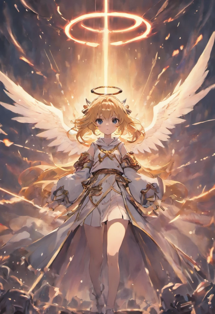 realistic, 4k, an angel with big wings, a sword, a hood over his head in the background image of a war (chaos)