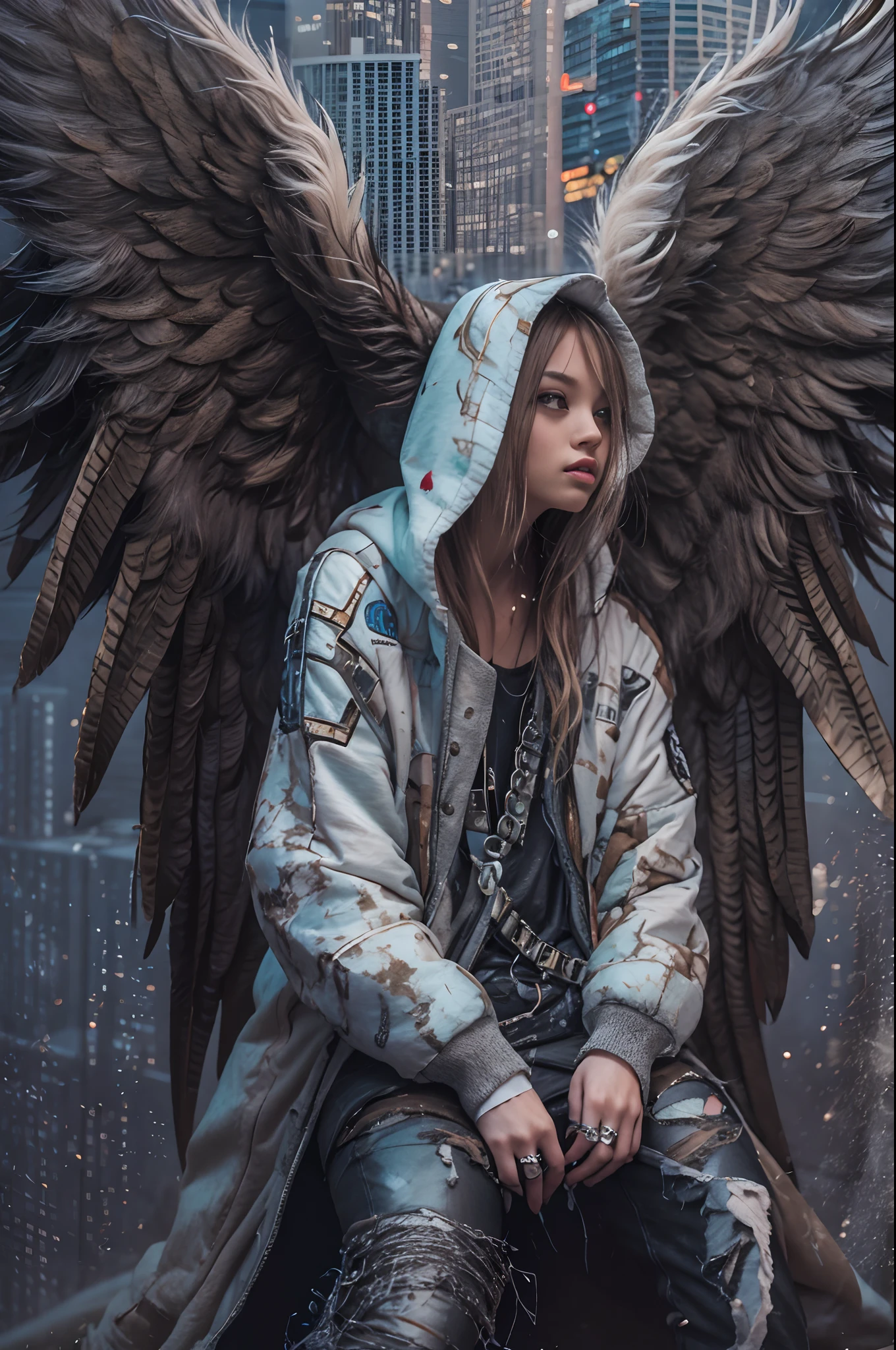 Create an ultra-wide photo of an angel wearing a cyberpunk-style coat and hood, against an abstract post-apocalyptic background. The overall style of the image should be minimalist with an Artgem touch. The angel should be rendered in a warrior and angelic style with a focus on creating a sense of hope and reconstruction. The cyberpunk coat and hood should be rendered in high detail, with a focus on capturing the texture and style of the clothing. Huge wings. The background of the image should have an abstract design, with a focus on creating a sense of depth and contrast with the foreground. The image should be rendered in wide format, with a focus on creating a sense of scale and drama in the scene.perfecteyes,
edg90hh