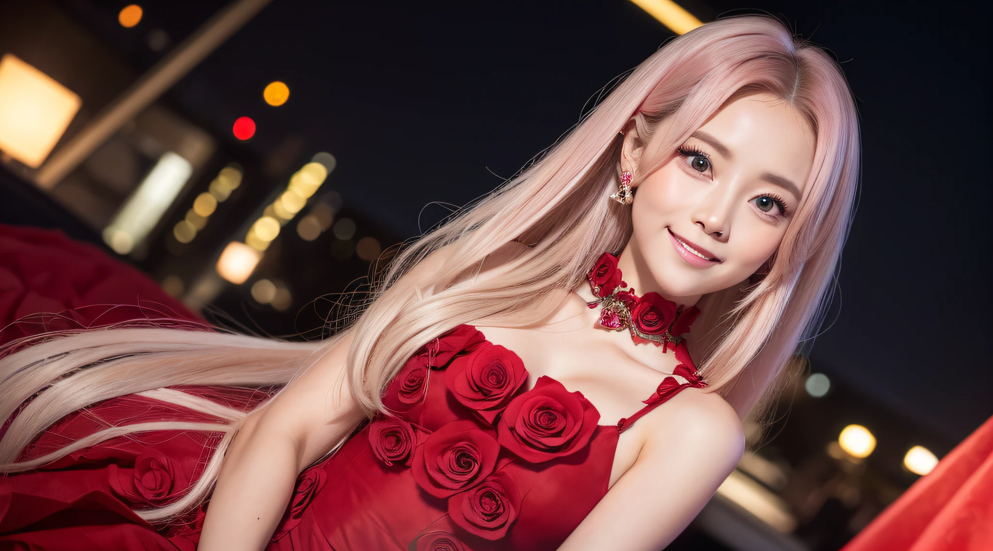 Cute One Girl, (Very small breasts:1.2), Longhaire, Gradient Hair Pearl Pink, the whole, japanes, Sauvage Hair, An ultra-high picture quality, ultra-quality,Raking hair with your fingers, Happy smile, Beautiful night view, (Red rose dress on black fabric:1.3), Live-action adaptation, in 8K, Double eyelids, Big eyes