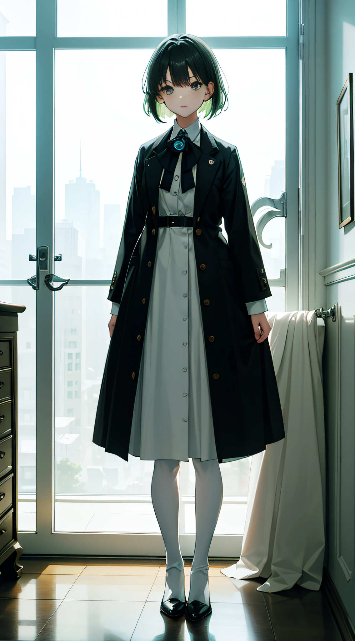 A girl with short hair, Black eyes, and messy light green hair. Her expression was gentle，A surprised expression appeared on his face. She is petite，Young appearance. She wore a white shirt and blue and white boots. The artwork is of the best quality, 4K or 8K resolution, Considered a masterpiece. The girl's facial features are rich in detail, And the scene is panorama, Capture the essence of the moment.