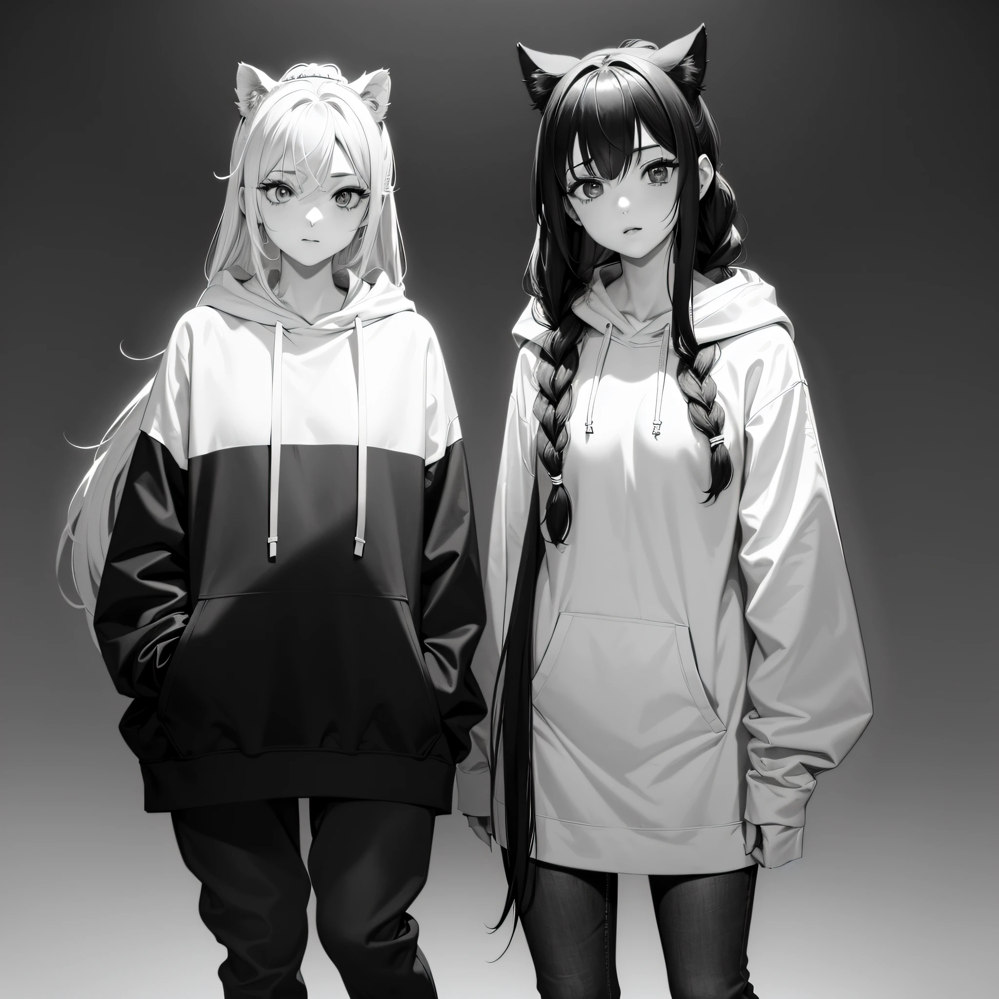 (full bodyesbian;1.3), (​masterpiece), (top-quality), (hight resolution), (grayscales:1.3), White background,Cute girl in anime style, Dark hair, black eyes, 独奏, Standing Picture, Braided ponytail, Hooded hoodie, Wearing jeans, (three sided view, in front. Lateral face, behind)