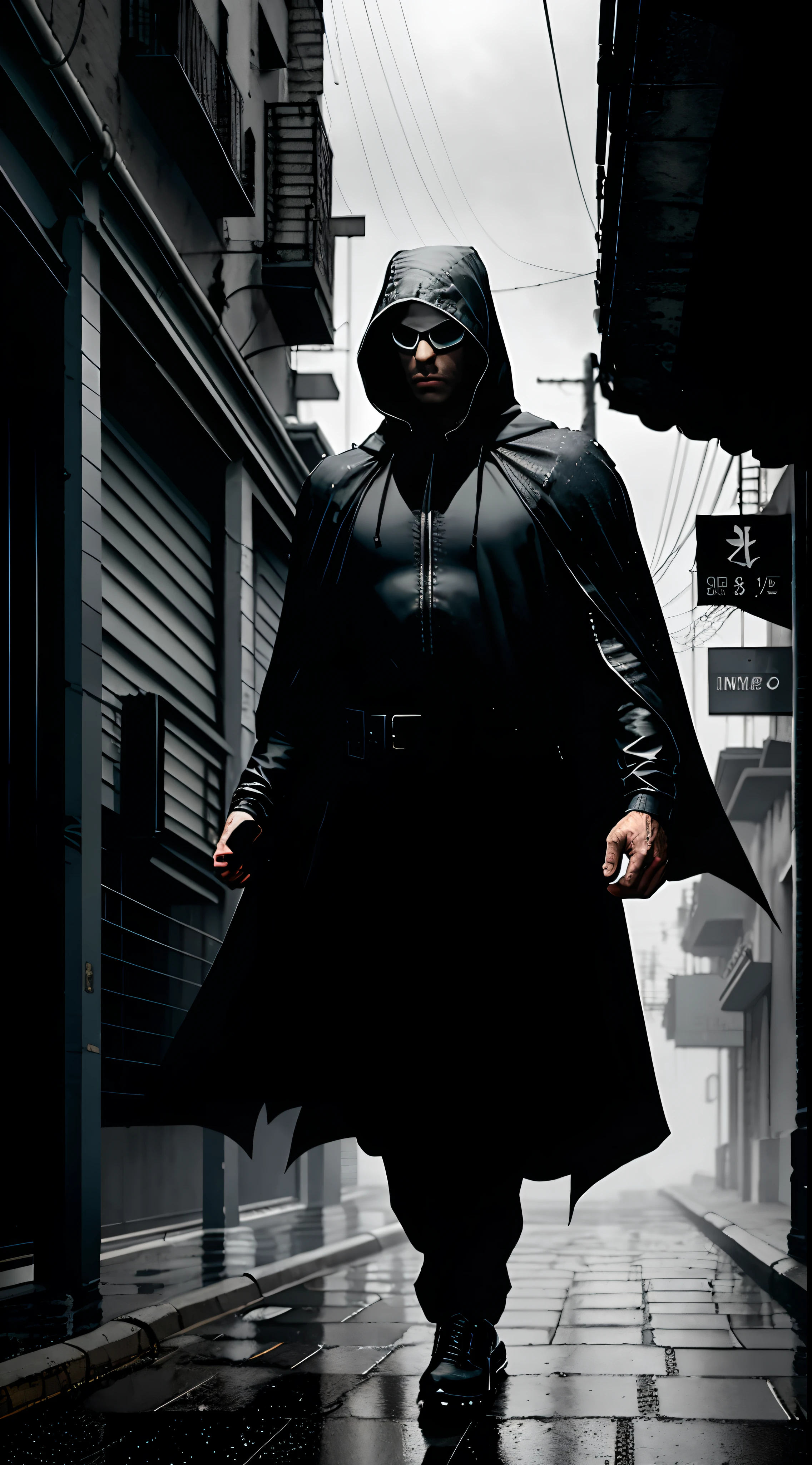 (best quality,highres),(realistic) hooded man wearing a mysteries mask, intense gaze, dark atmosphere, abandoned alleyway, urban setting, raindrops falling, wet pavement, misty background, cinematic lighting, mysterious aura, detailed texture of the hood and mask, wind blowing through the man's cloak, intriguing storytelling, noir style, black and white tones, dramatic shadows, hidden identity, suspense, ambiguity, enigmatic figure.