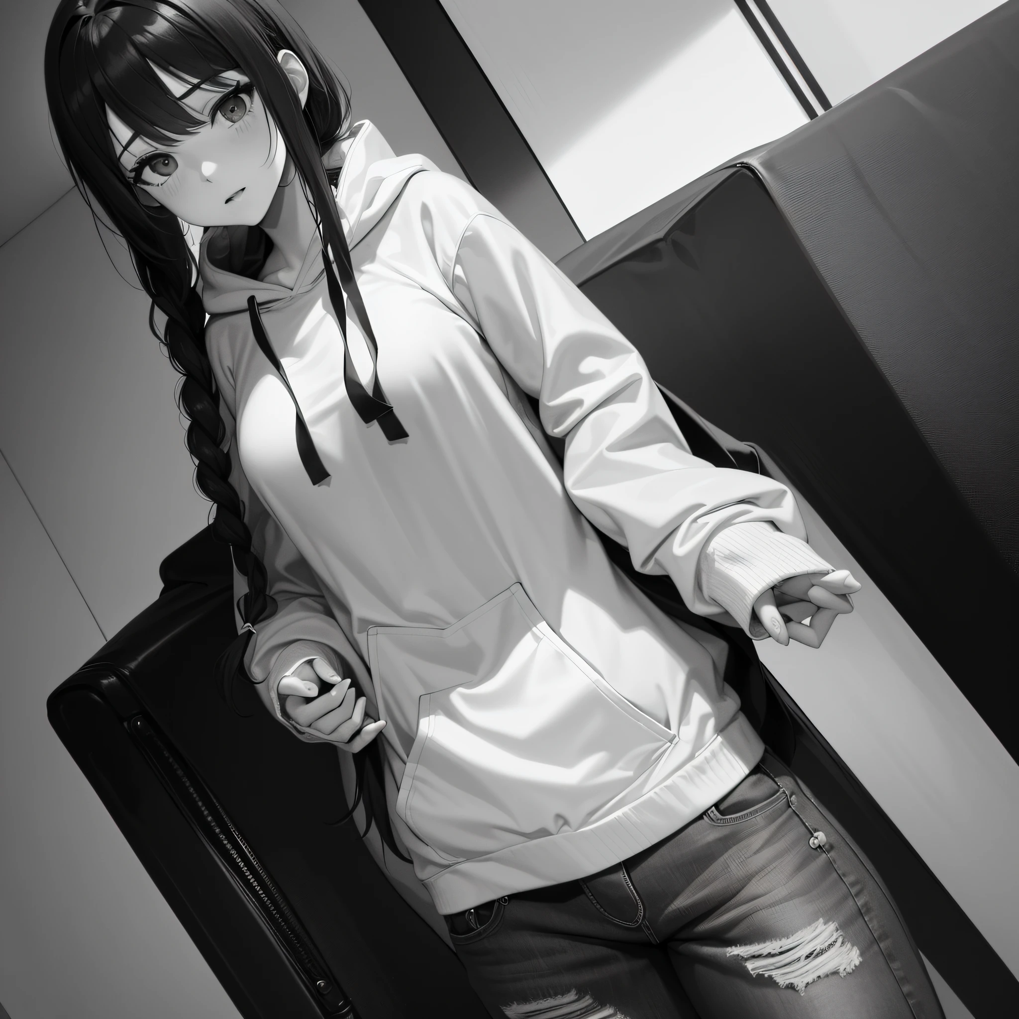 (full bodyesbian;1.3), (​masterpiece), (top-quality), (hight resolution), (grayscales:1.3), White background,Cute girl in anime style, Dark hair, black eyes, 独奏, Standing Picture, Braided ponytail, Hooded hoodie, Wearing jeans