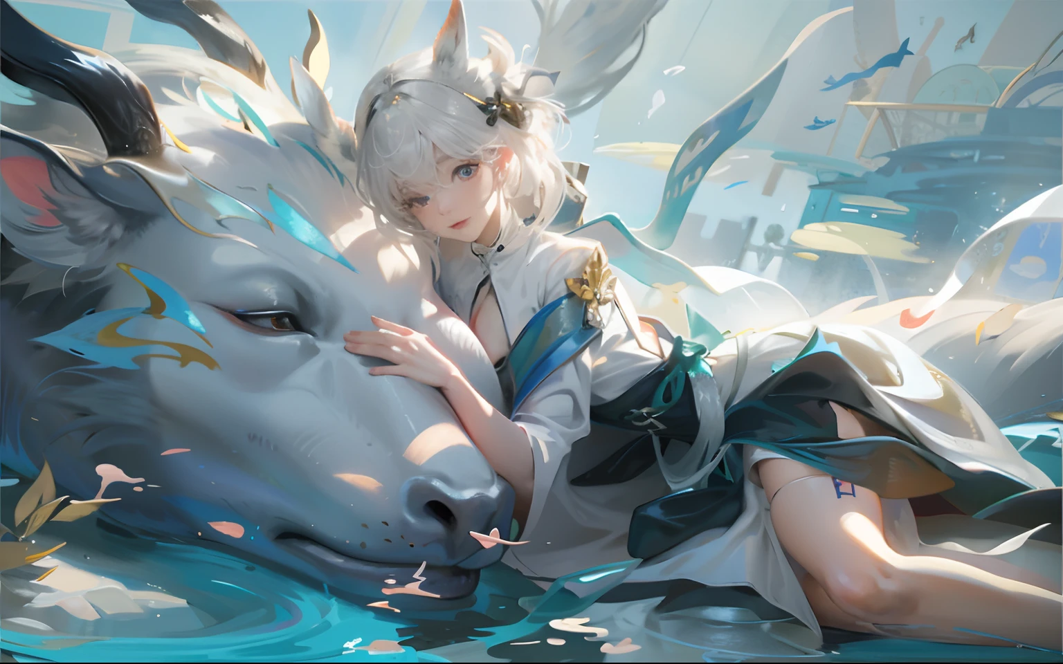 Anime girl lying on a white horse in a lake with water, Guweiz in Pixiv ArtStation, Guweiz on ArtStation Pixiv, Guviz-style artwork, Guviz, trending on artstation pixiv, Digital art on Pixiv, Anime fantasy illustration, Fanart Meilleure ArtStation, guweiz masterpiece