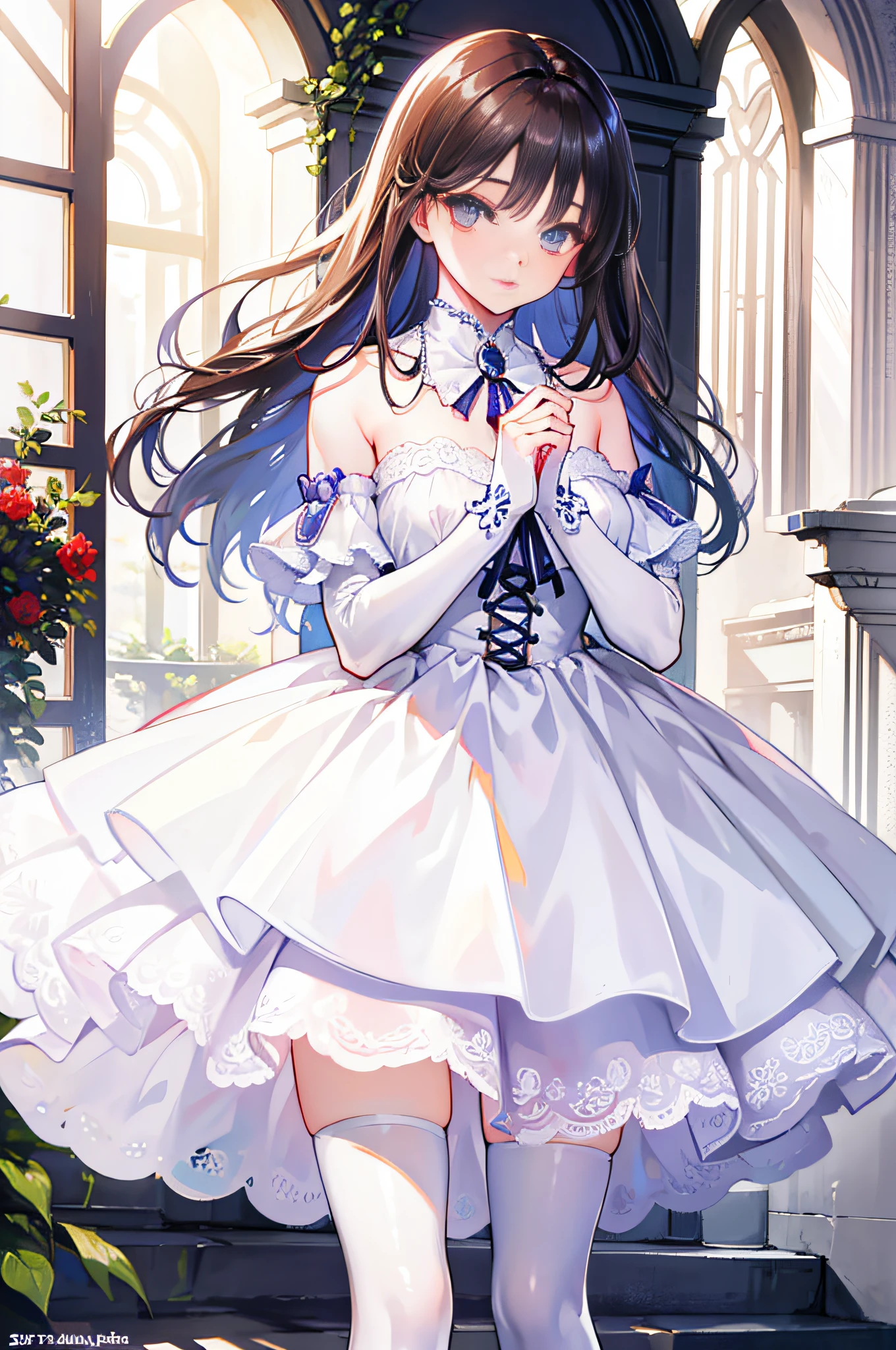 Beautiful detailed eyes,long eyelasher,beautiful detailed lips,Extremely detailed eyes and face,1girll,A high resolution,Realistic,Photography,Vivid colors,Soft lighting,Brunette hair,Shoulder-length hair,Excellent figure,White dress,White stockings,Red shoes,stands in the garden