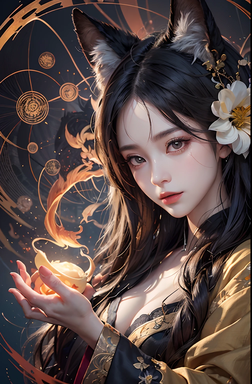 1girll, Solo, offcial art, Unity 8k wallpaper, Ultra detailed, Beautiful and aesthetic, Masterpiece, Best quality, Photorealistic, (abstract backgrounds:1.5) (zentangle, mandalas, tangled, entangle:0.7) Kitsune witch, kitsune mask, Haori jacket, Foxfire spell, The fox is familiar, Transformation, Depth of field, Fantastical Atmosphere, The most beautiful form of chaos, elegant, Dark theme of Fauvist design, Flower of Death, of flower,