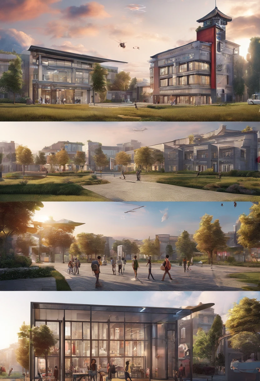 ((College students in the premises,Use VR、AR、cameras、camera、Painting related elements、UAVs、mapping tools, etc))objects to take pictures and draw accurate 3D stereoscopic scenery。 Unreal Engine 5, Cinematic, Color grading, Portrait photography, Ultra-wide angle, Depth of field,Color coding, insanely details, Depth of field, degrees of freedom, 32K, Hyper-Resolution