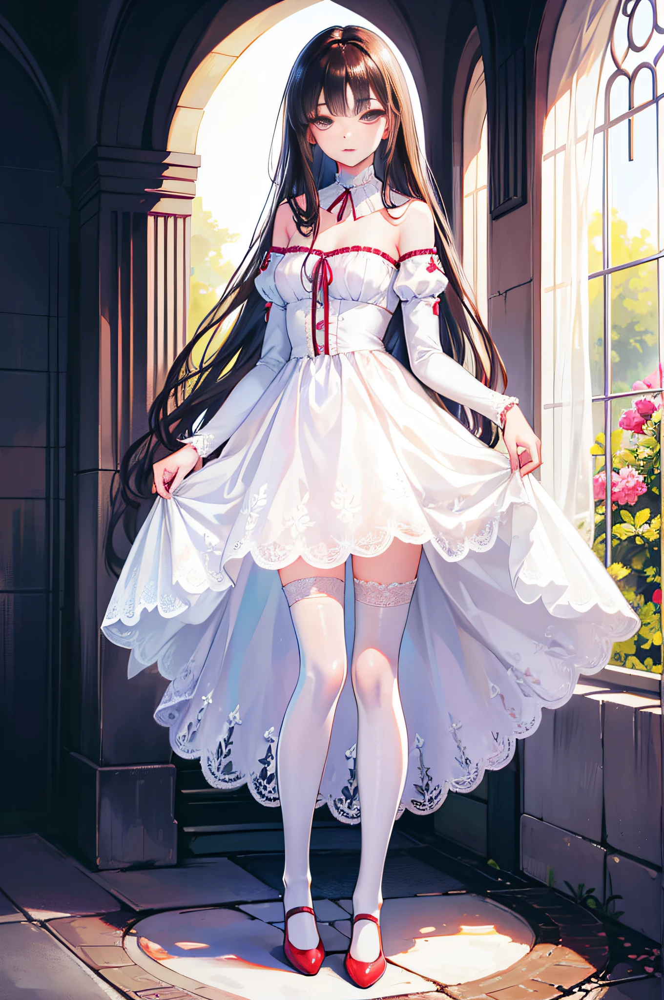 Beautiful detailed eyes,long eyelasher,beautiful detailed lips,Extremely detailed eyes and face,1girll,A high resolution,Realistic,Photography,Vivid colors,Soft lighting,Brunette hair,Shoulder-length hair,Excellent figure,White dress,White stockings,Red shoes,stands in the garden