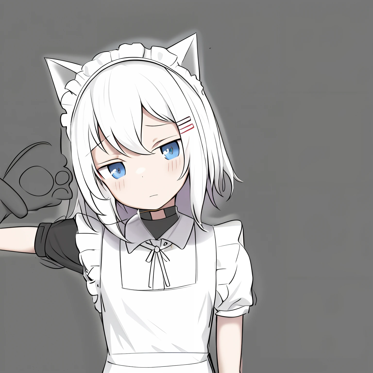 anime girl with cat ears holding a cat toy, clean anime outlines, clean lineart, anime cat girl in a maid costume, anime cat girl dress a black and white clothe, lineart, perfect lineart, simple lineart, outline sketch, anime girl with cat ears, line art!!, girl with cat ears,white hair, blue eyes,white hair band,white hair ribbon, variable lineart,unhappy expression,white hair band, White hairpin, cute face , outlined!!!