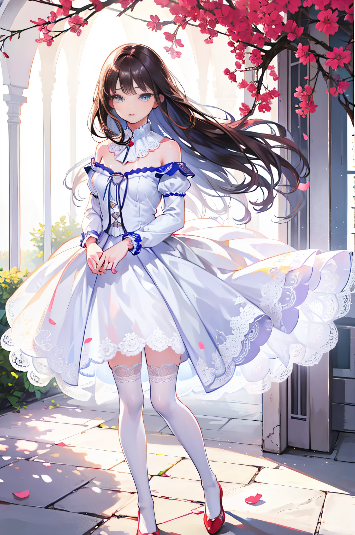 Beautiful detailed eyes,long eyelasher,beautiful detailed lips,Extremely detailed eyes and face,1girll,A high resolution,Realistic,Photography,Vivid colors,Soft lighting,Brunette hair,Shoulder-length hair,Excellent figure,White dress,White stockings,Red shoes,stands in the garden