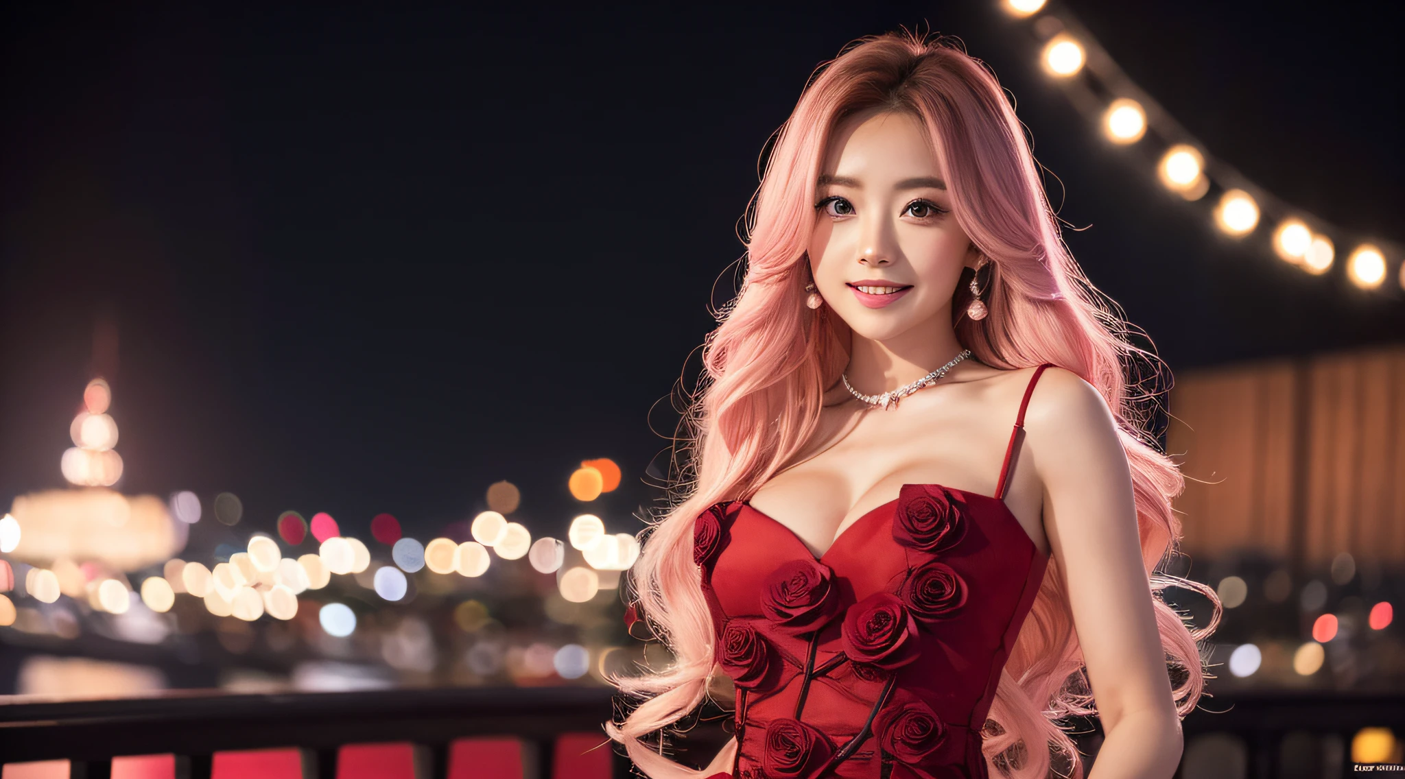 Cute One Girl, (Very small breasts:1.2), Longhaire, Gradient Hair Pearl Pink, the whole, japanes, Sauvage Hair, An ultra-high picture quality, ultra-quality,Raking hair with your fingers, Happy smile, Beautiful night view, (Red rose dress on black fabric:1.3), Live-action adaptation, in 8K, Double eyelids, Big eyes