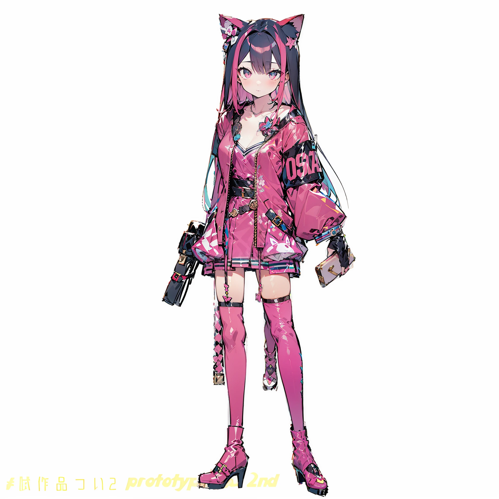 Cute girl with cat ears、Japan anime style、Moe、Full body painting、Standing Picture、Authentic and highly detailed body、小柄、girl with、childish、10yaers old、length hair、bangss、A pink-haired、Authentic and highly detailed face、beautiful eyes that are authentic and highly detailed,、 cat ear、Authentic and very delicate arms and hands、Authentic and highly detailed human hands(5 fingers)、The most beautiful girl in the world、Delicate and beautiful pink cat eyes、Authentic skin texture、komono、lolita、a miniskirt、Authentic and highly detailed pink knee-high socks、Authentic and highly detailed long boots、An ultra-high picture quality