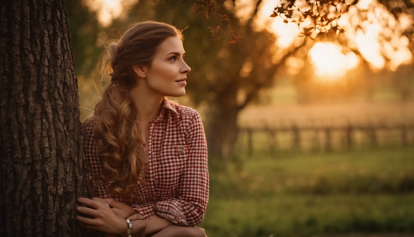 Village girl, field background, light brown hair, ponytail, sunset, farm animal background, afternoon, beautiful face, black eyes, checkered patterned shirt, red and white checked shirt,Brown jeans, brown gloves, white skin, resting on a tree, leaning against a tree, stunned face, natural beauty