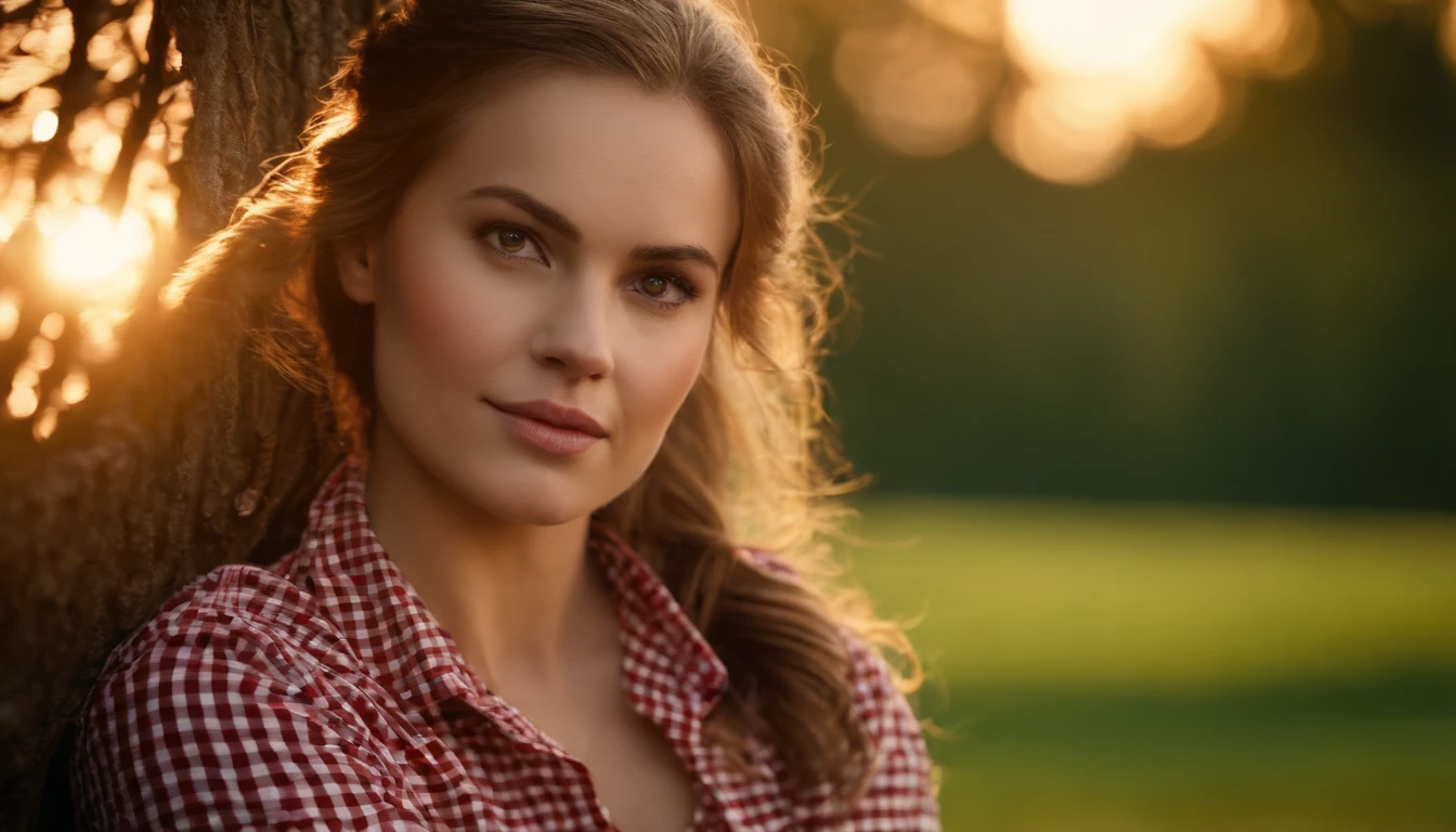 Village girl, field background, light brown hair, ponytail, sunset, farm animal background, afternoon, beautiful face, black eyes, checkered patterned shirt, red and white checked shirt,Brown jeans, brown gloves, white skin, resting on a tree, leaning against a tree, stunned face, natural beauty