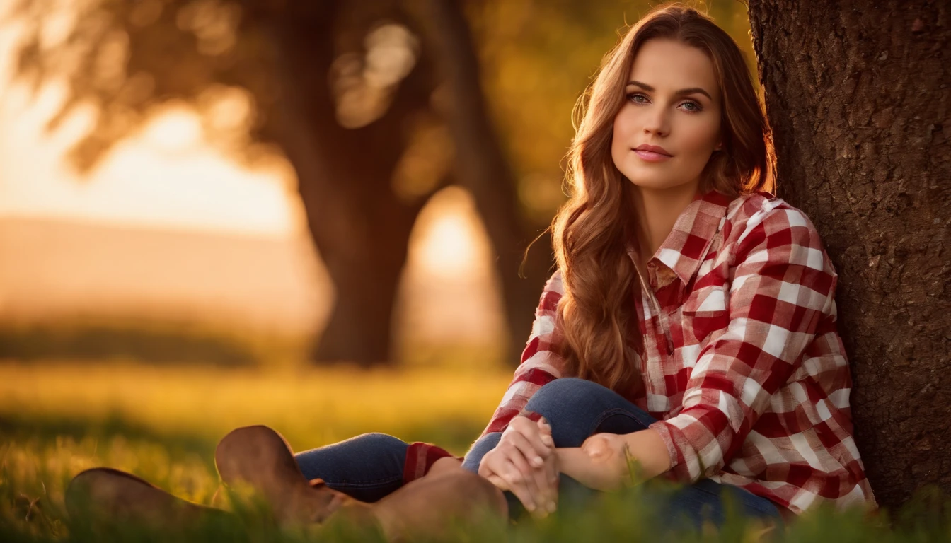 Village girl, field background, light brown hair, ponytail, sunset, farm animal background, afternoon, beautiful face, black eyes, checkered patterned shirt, red and white checked shirt,Brown jeans, brown gloves, white skin, resting on a tree, leaning against a tree, stunned face, natural beauty